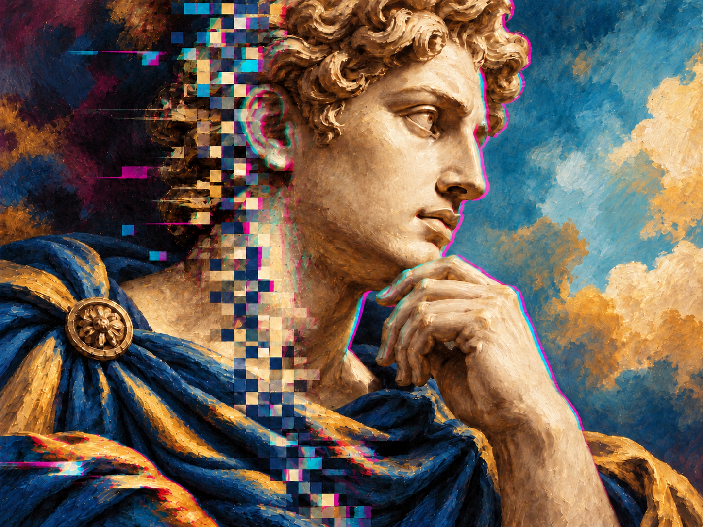 A thoughtful classical portrait without a placard, with richly painted blue and gold drapery and visible digital pixels.