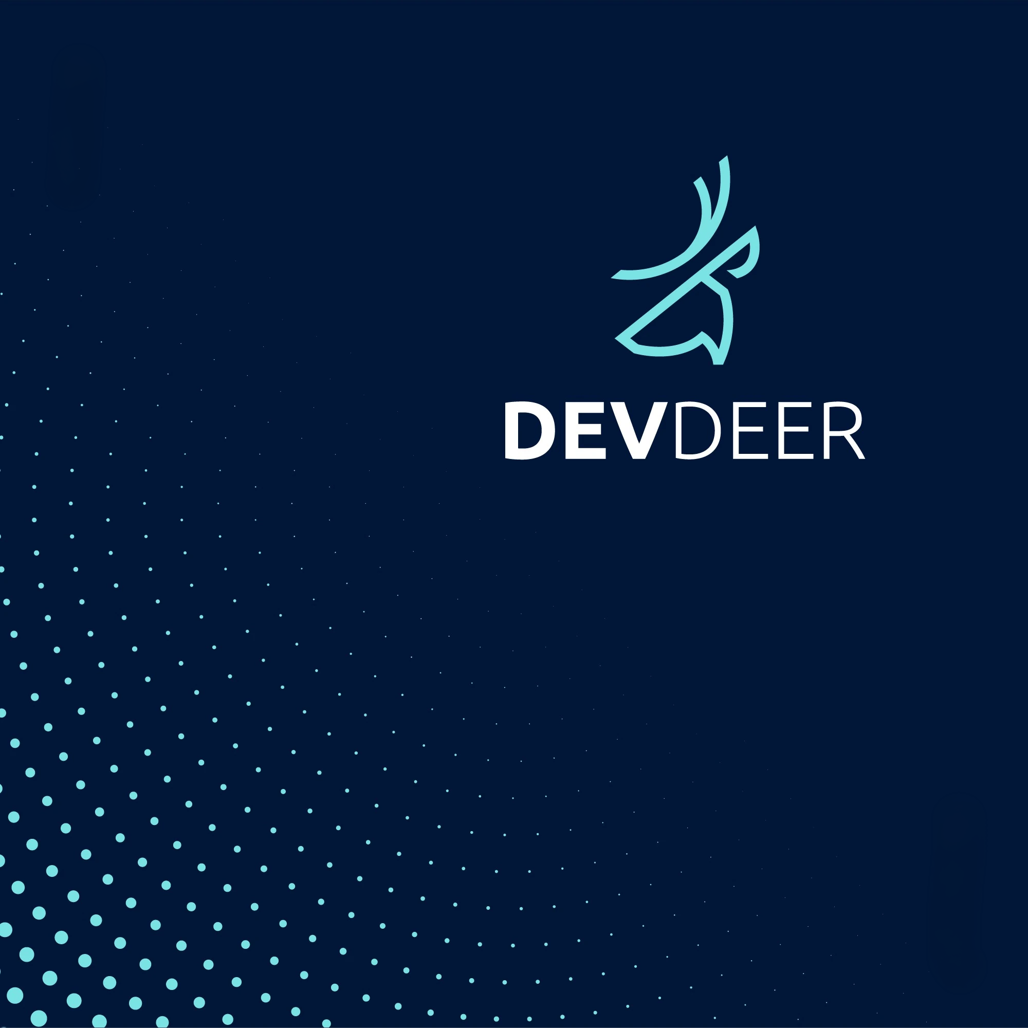 DEVDEER turquoise deer symbol and white wordmark over a navy dotted pattern.