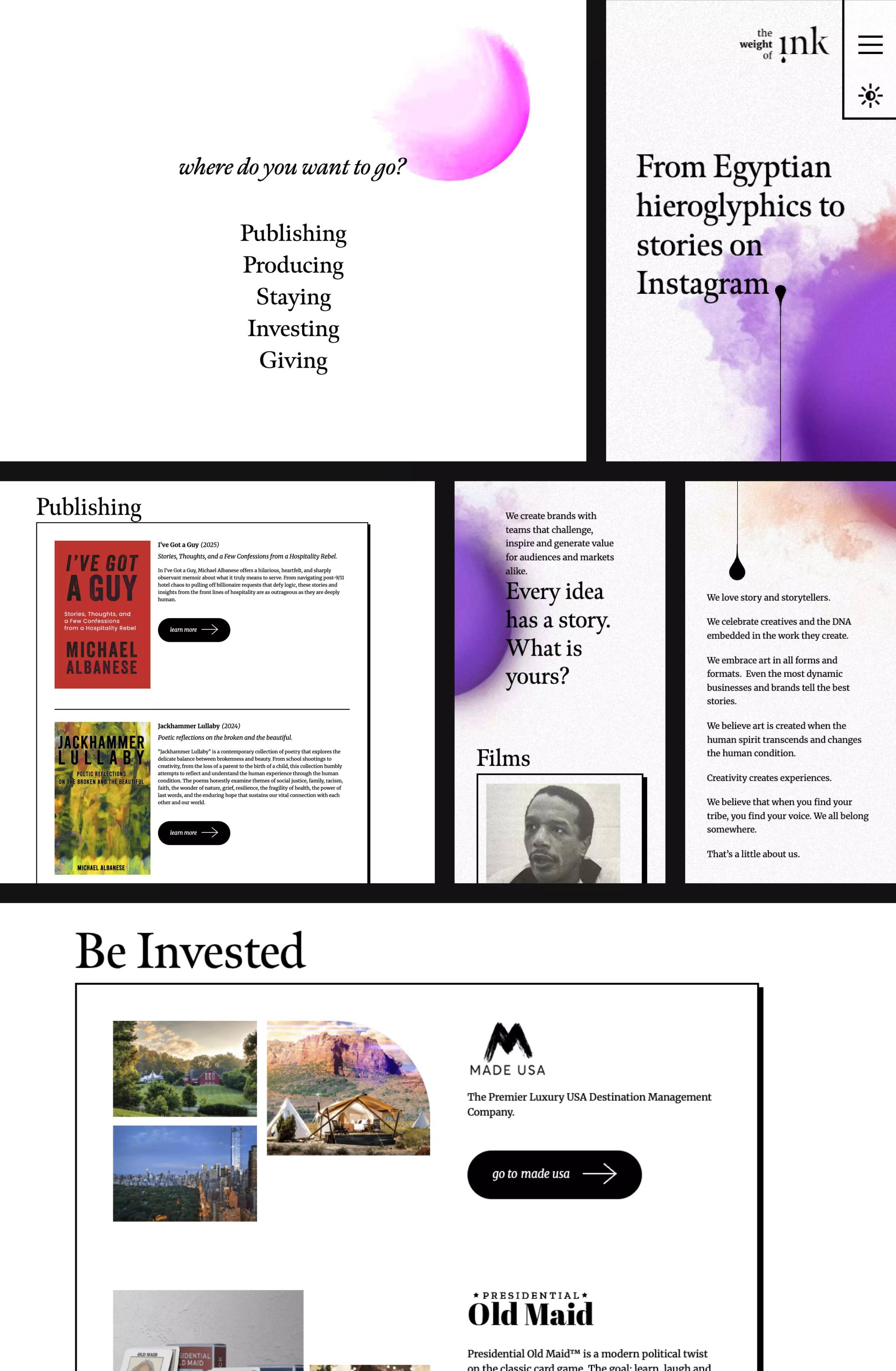 The Weight of Ink branch chooser and Publishing, Producing, Connecting, and Investing routes, using a shared editorial identity.