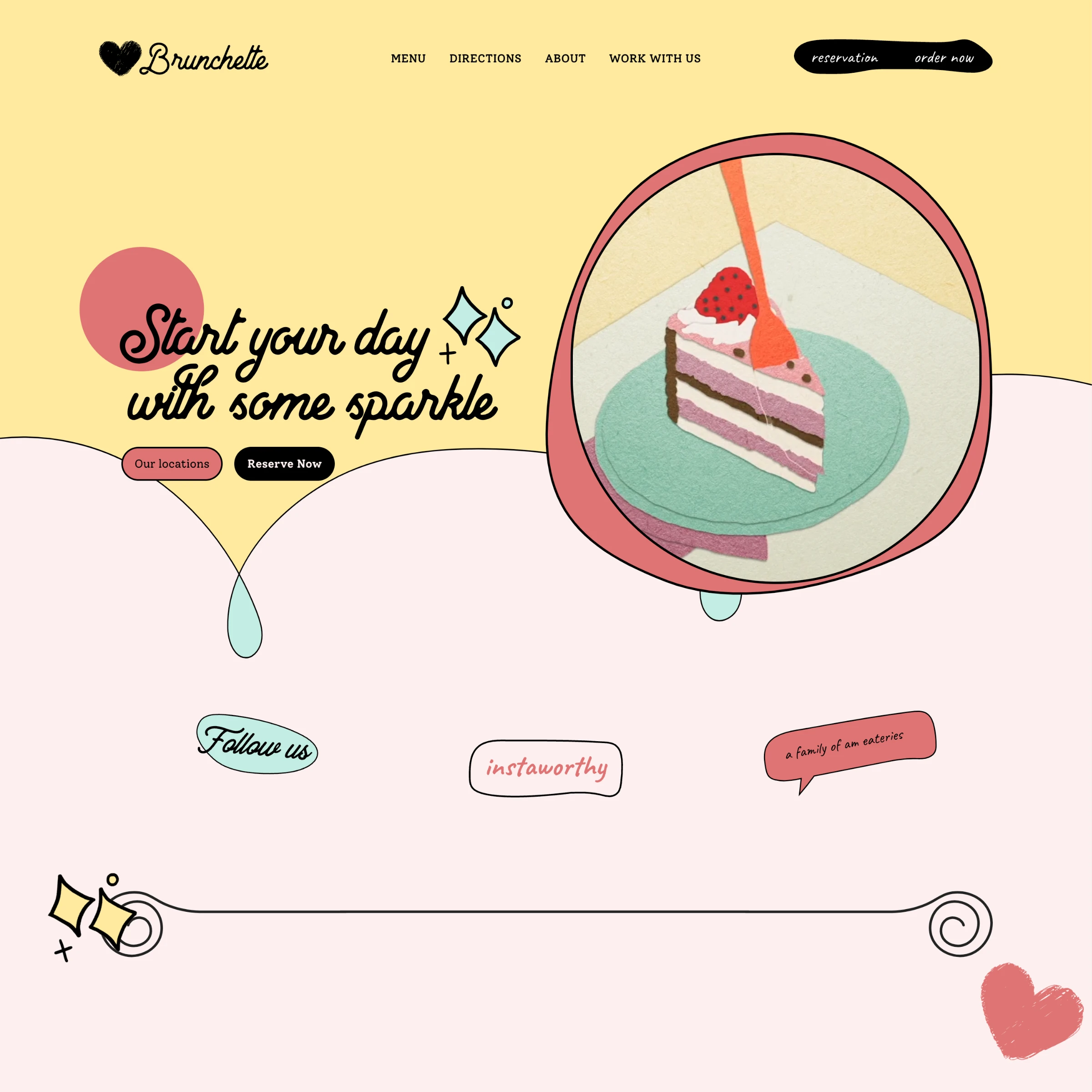 Brunchette website homepage with a cake illustration, pastel pink and yellow fields, and playful navigation.