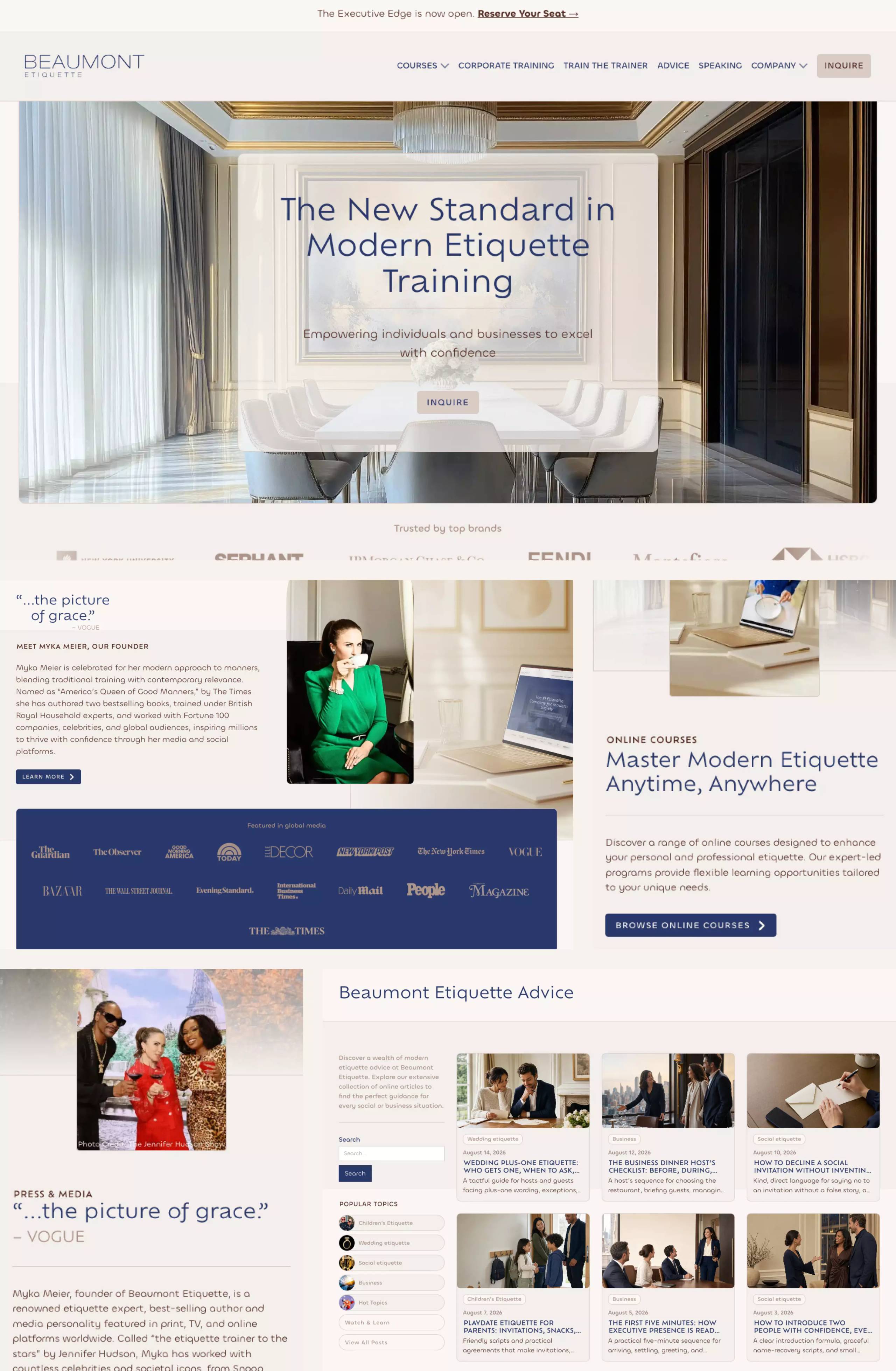Beaumont Etiquette complete homepage opening fold, founder and media proof, online course route, press route, and Advice index.