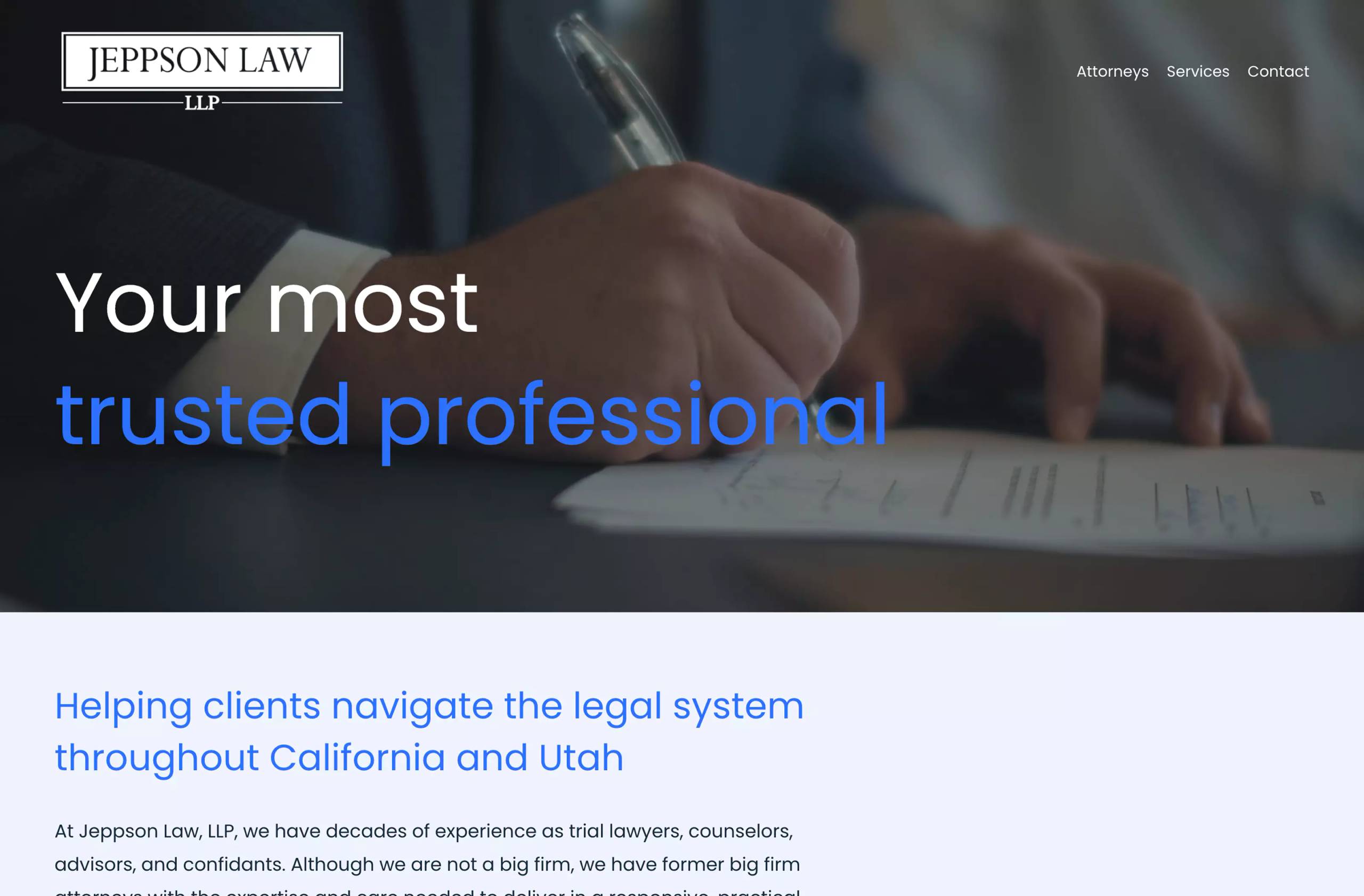 Former Jeppson Law homepage with attorney profiles and long practice-area sections.