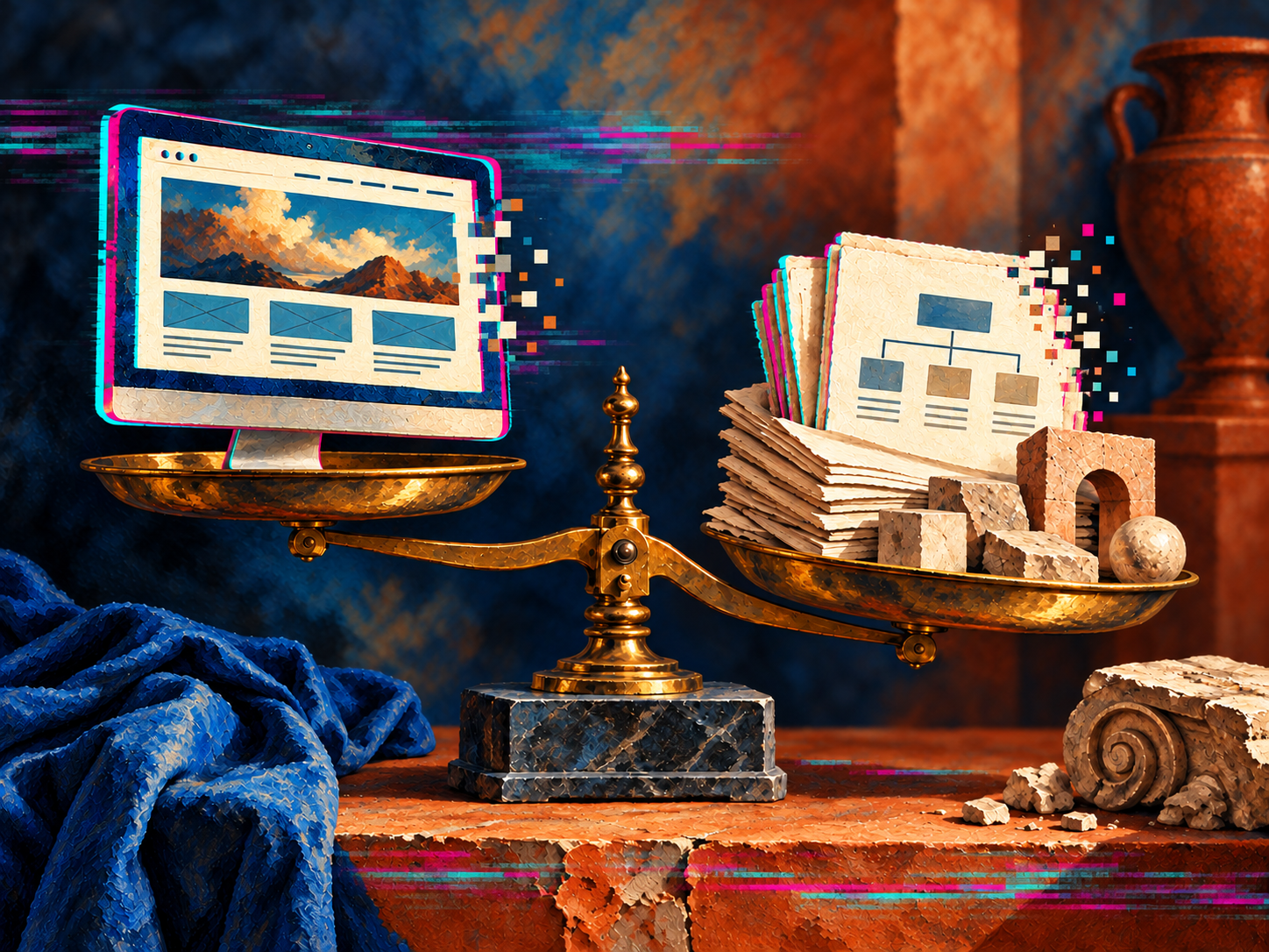 A golden balance compares a website monitor with project-scope papers and architectural pieces, with rich painted colours and digital effects.