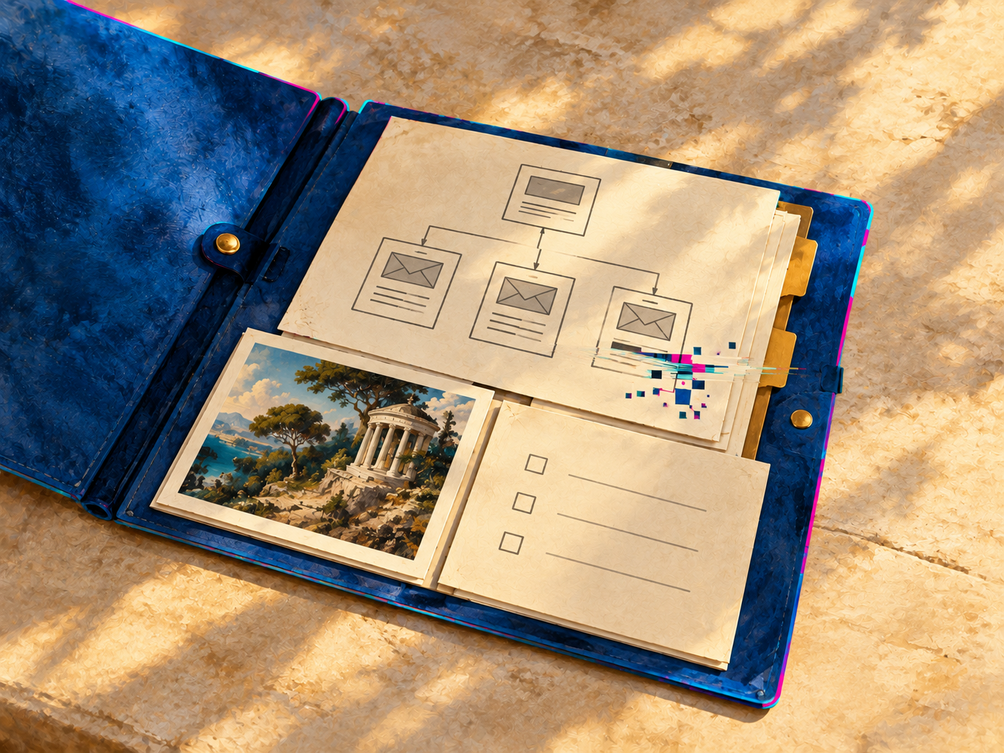An open blue project folder contains sitemap, scenic reference and checklist against a quiet warm stone surface.