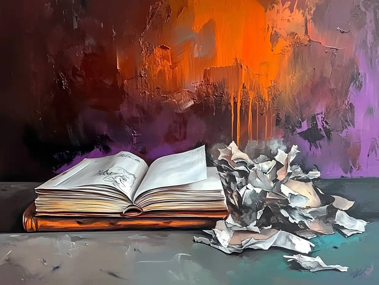 Crumpled sketches beside a fresh sketchbook, representing an outdated visual identity needing renewal.