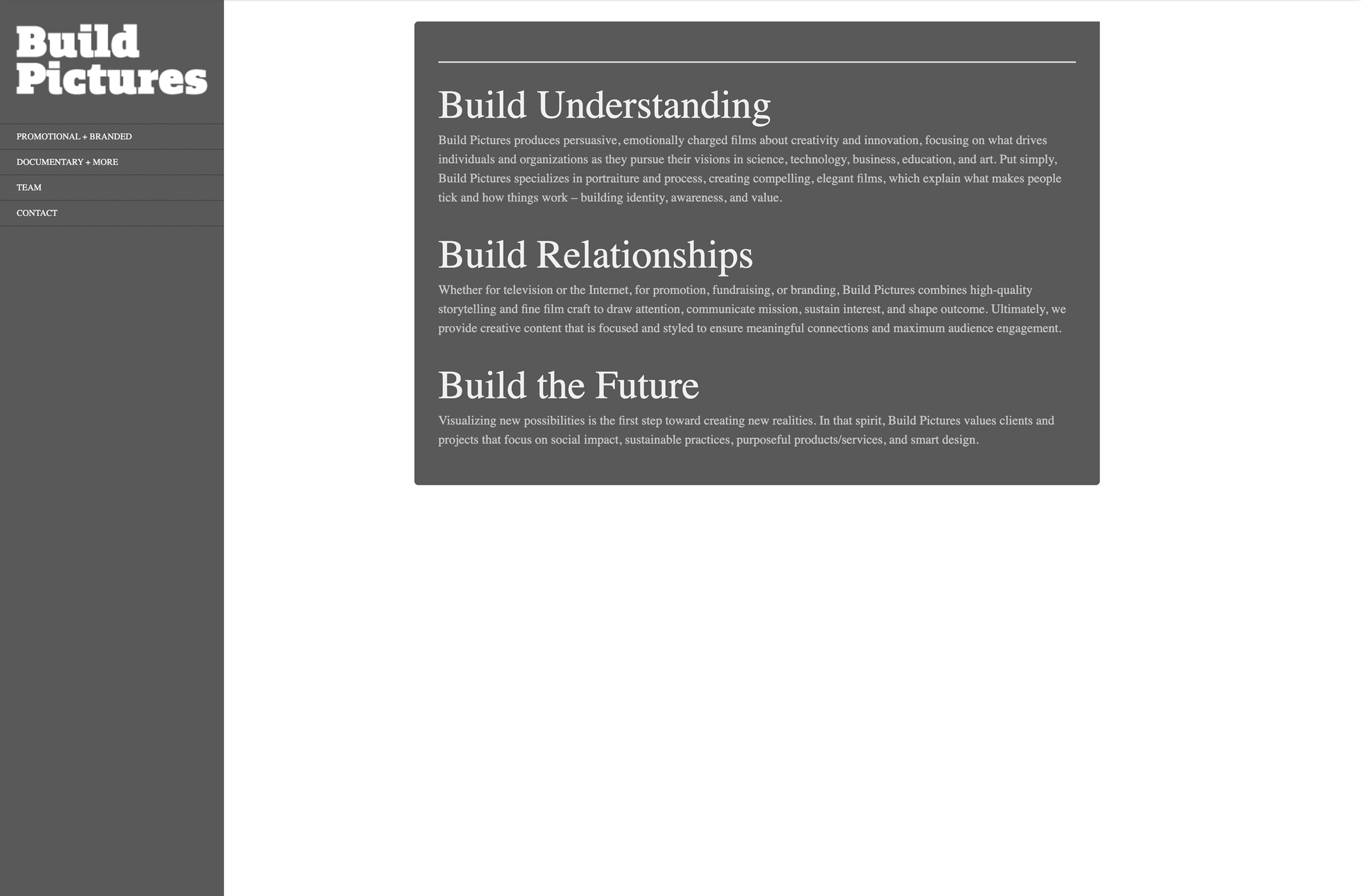 Build Pictures former website, with gray side navigation and text panels titled Build Understanding, Build Relationships, and Build the Future.
