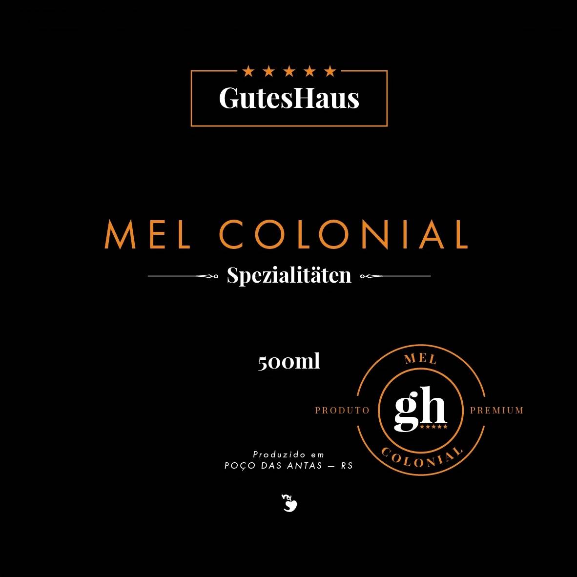 Black GutesHaus colonial honey label with gold typography and circular product seal.