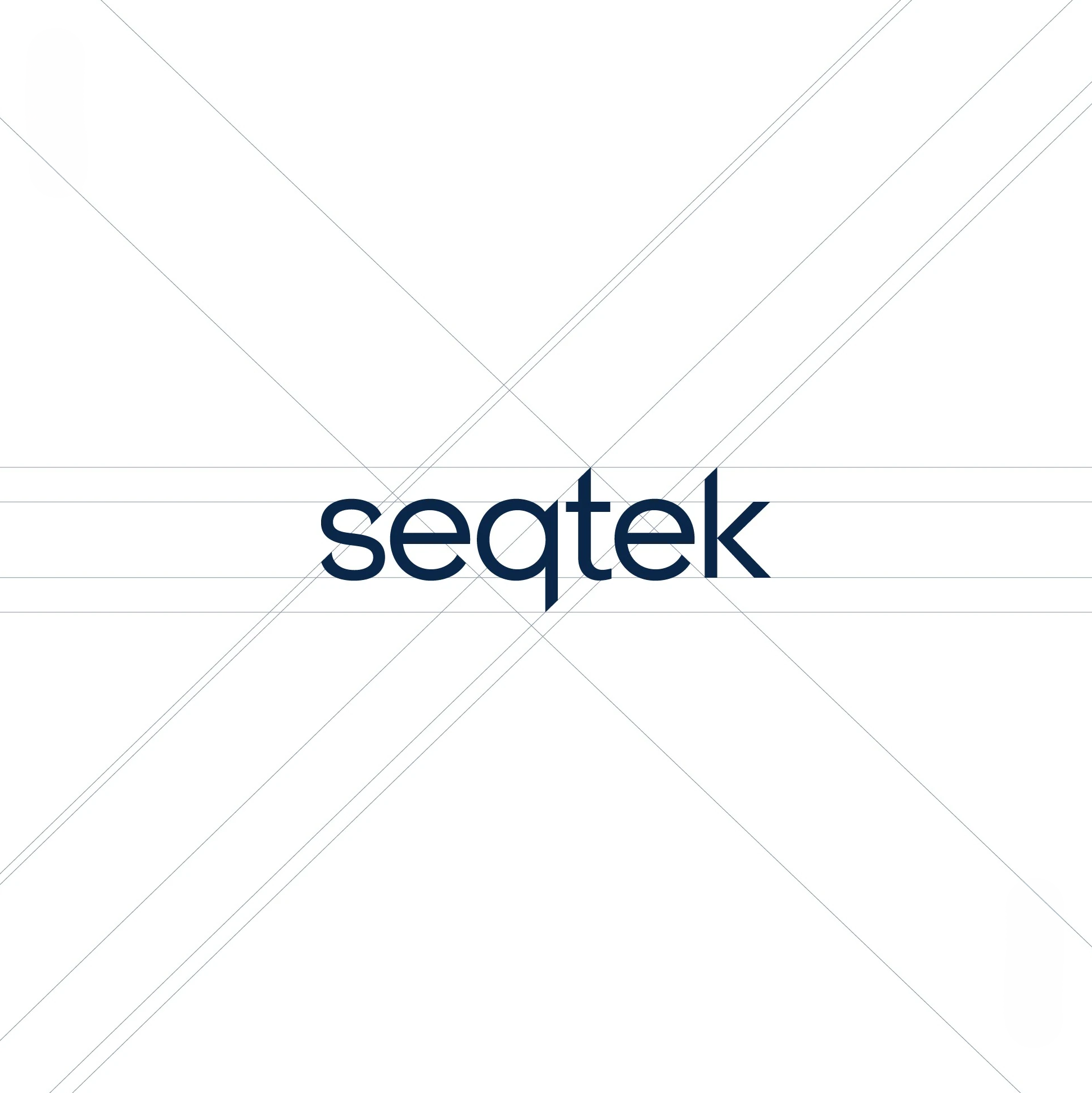 Seqtek lowercase wordmark shown over fine geometric construction lines.