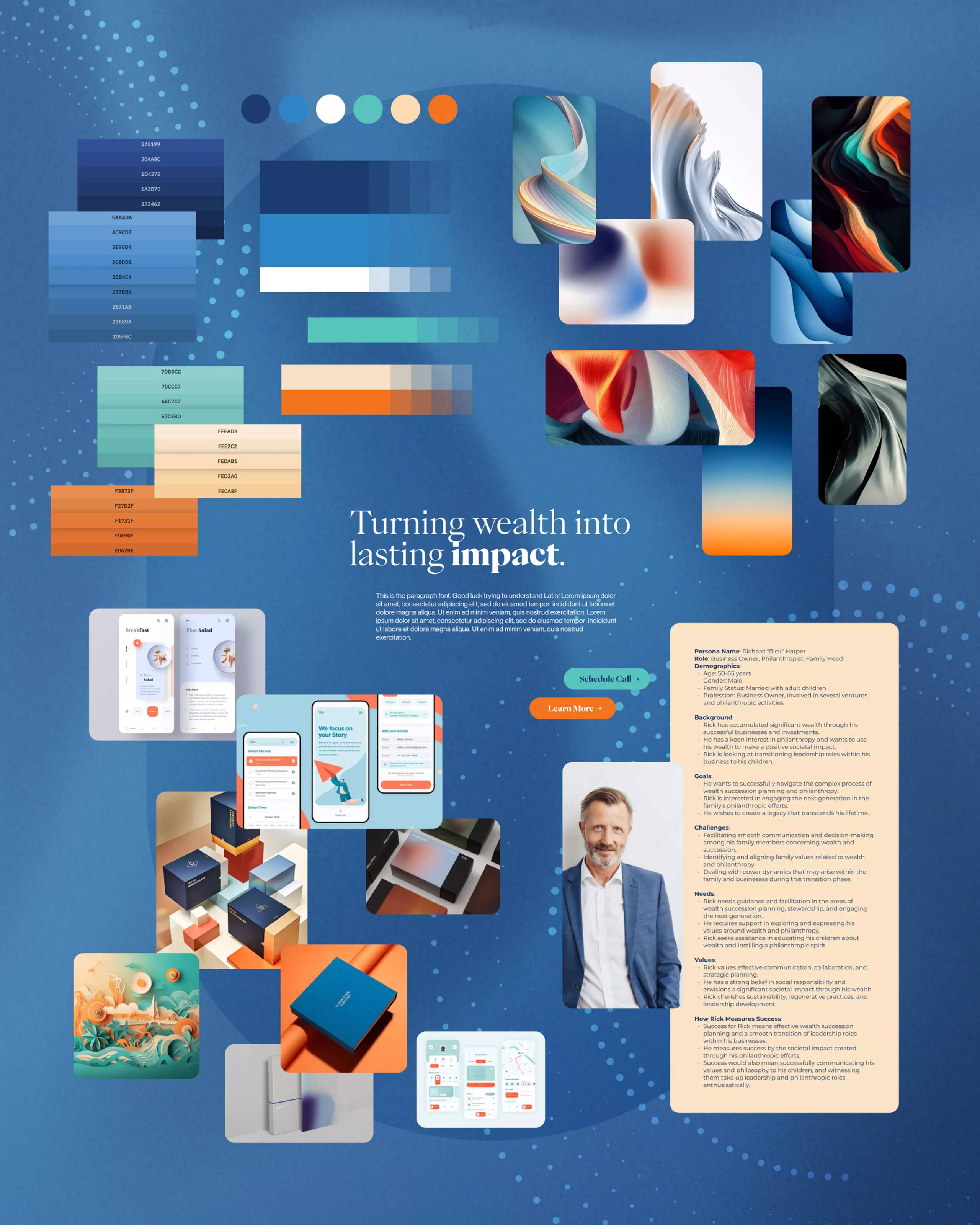Generate Impact mood board with deep blue, warm orange, ripple imagery, editorial type, open space, and people-focused photography.