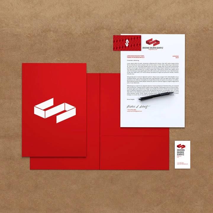Cristiane Schmitz Engineering stationery set with red folders, letterhead, and business card.