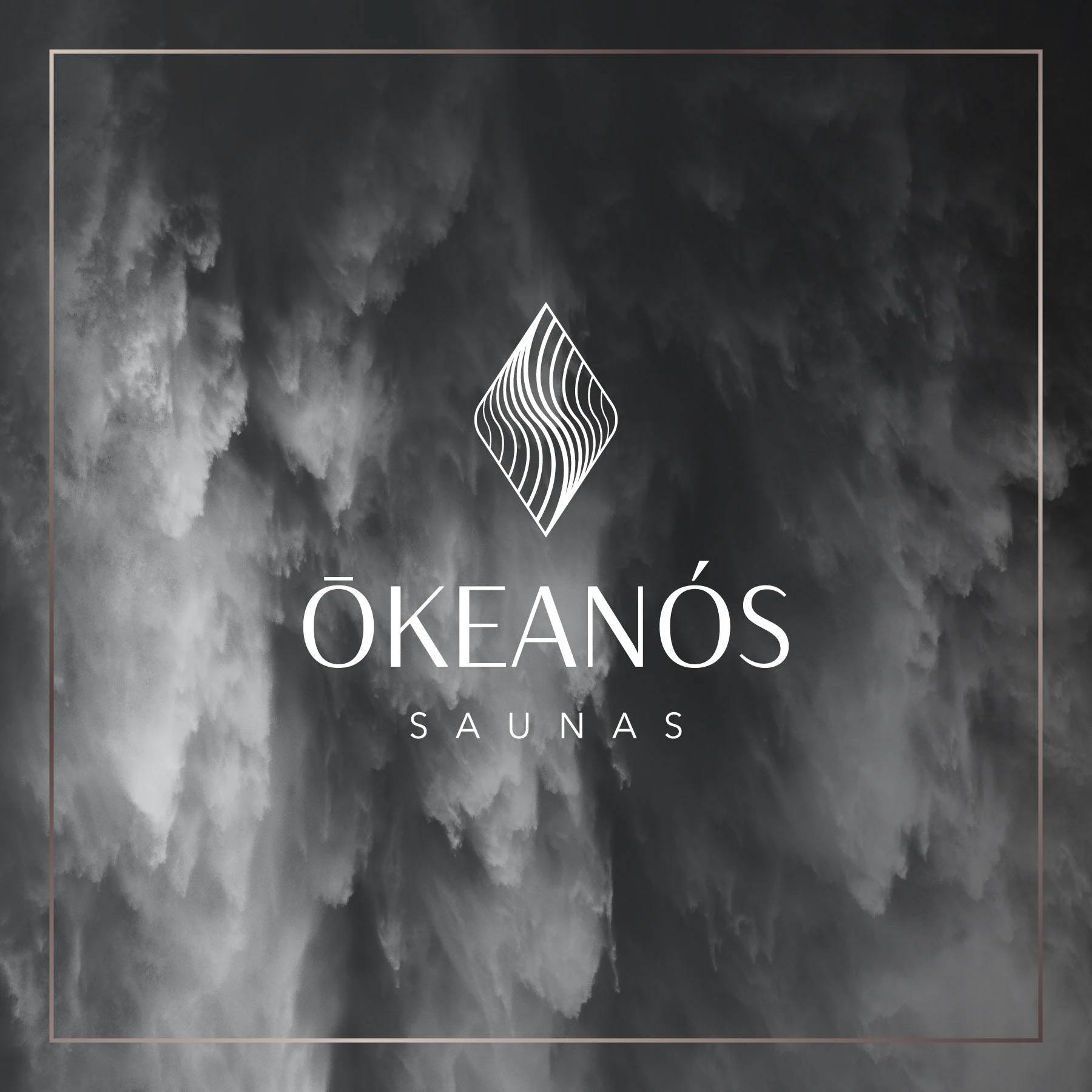 Okeanos Saunas flowing line symbol and wordmark over a smoky black background.