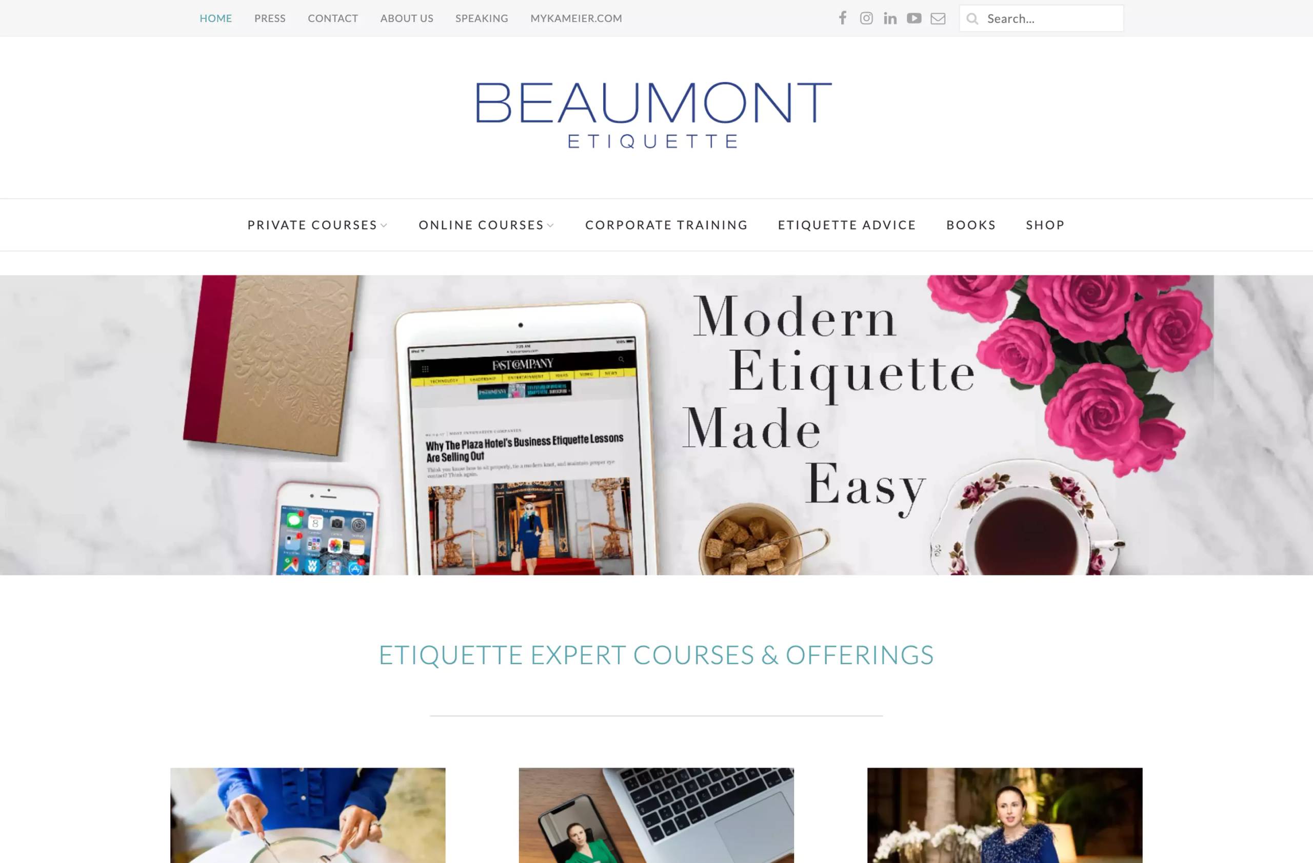 Archived former Beaumont Etiquette homepage with courses, books, company information, and a newsletter on one page.