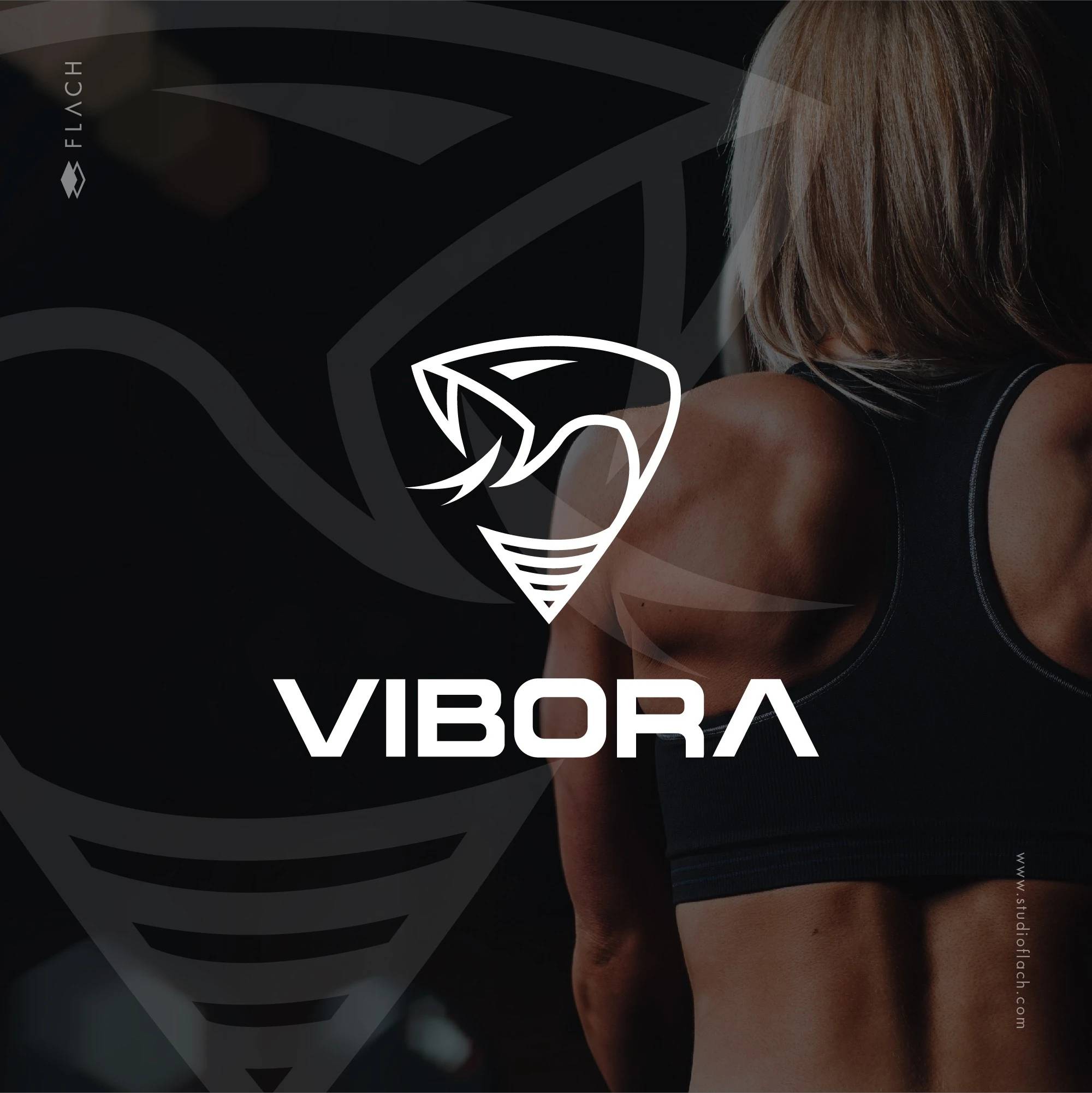 White geometric Vibora snake emblem and wordmark over a dark athletic portrait.