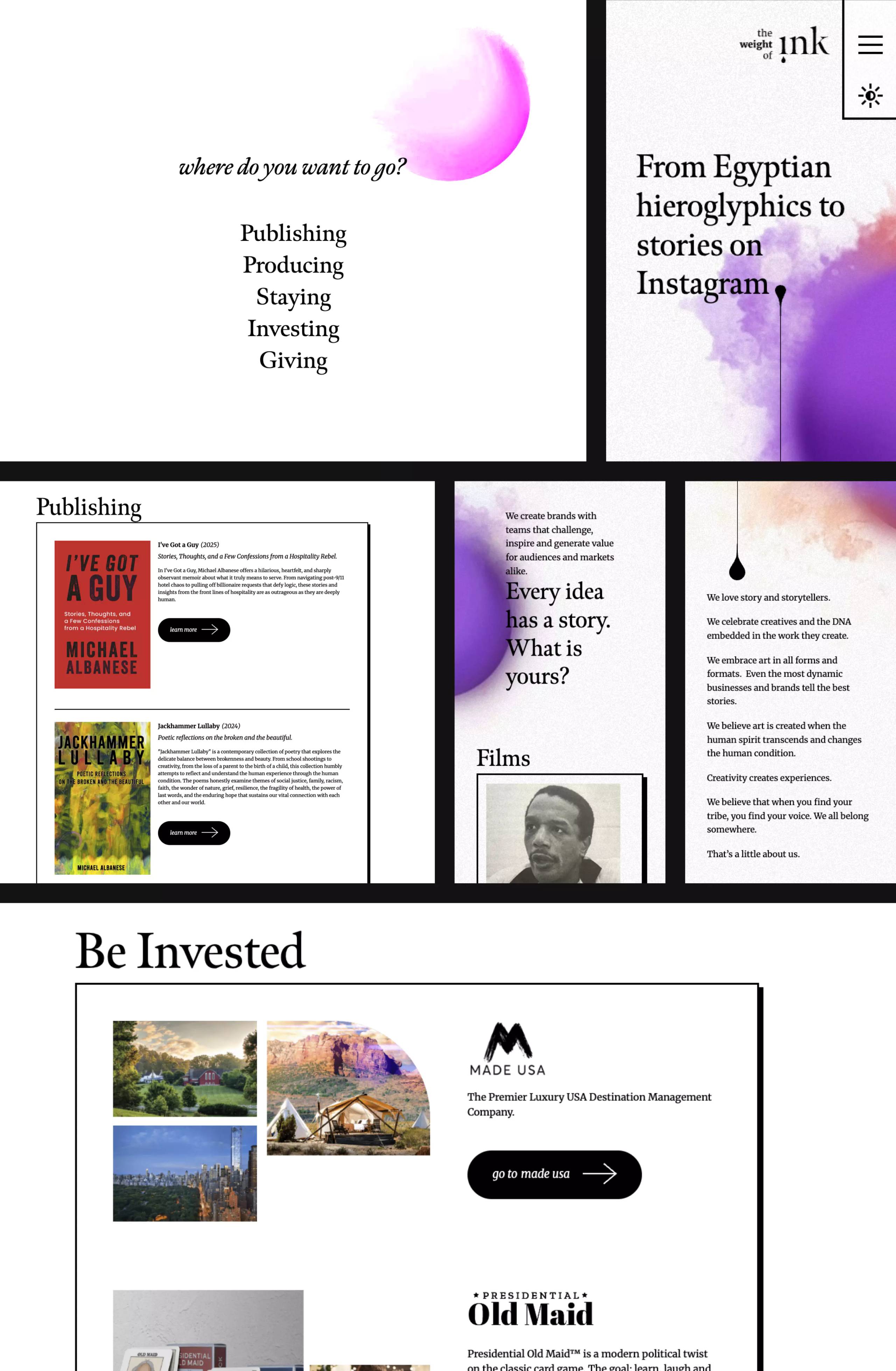 The Weight of Ink branch chooser, Publishing catalog, Producing, Connecting, and Investing routes across laptop and phone views.