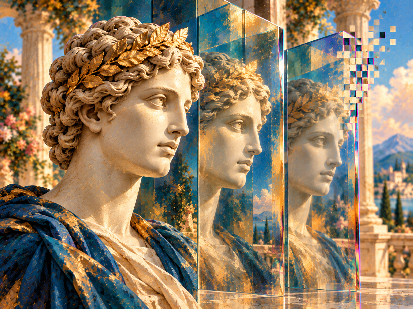 One classical face appears across glass reflections, suggesting a coherent recognisable identity with digital colour separation.