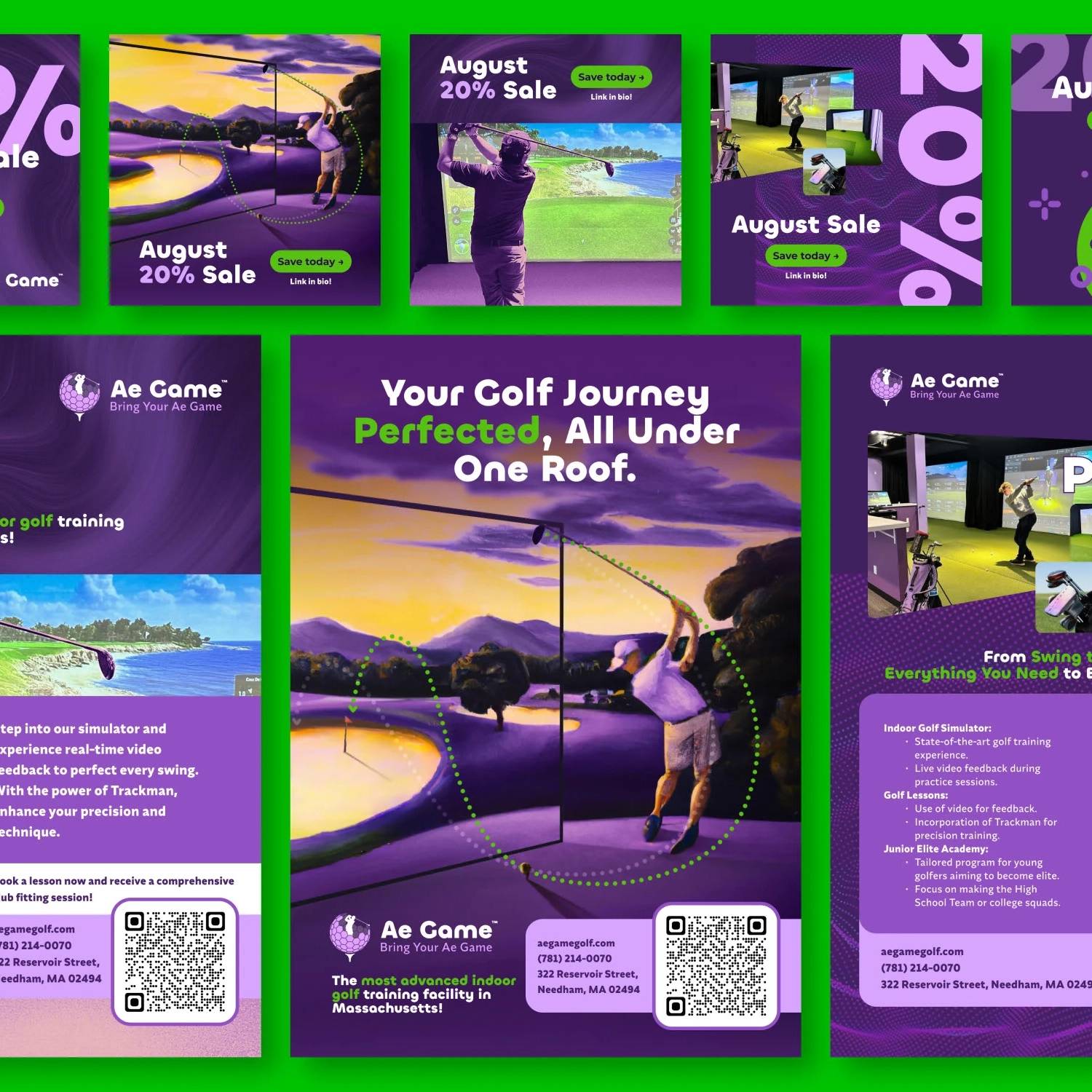 AE Game Golf promotional graphics for an August sale and indoor golf lessons in purple and green.