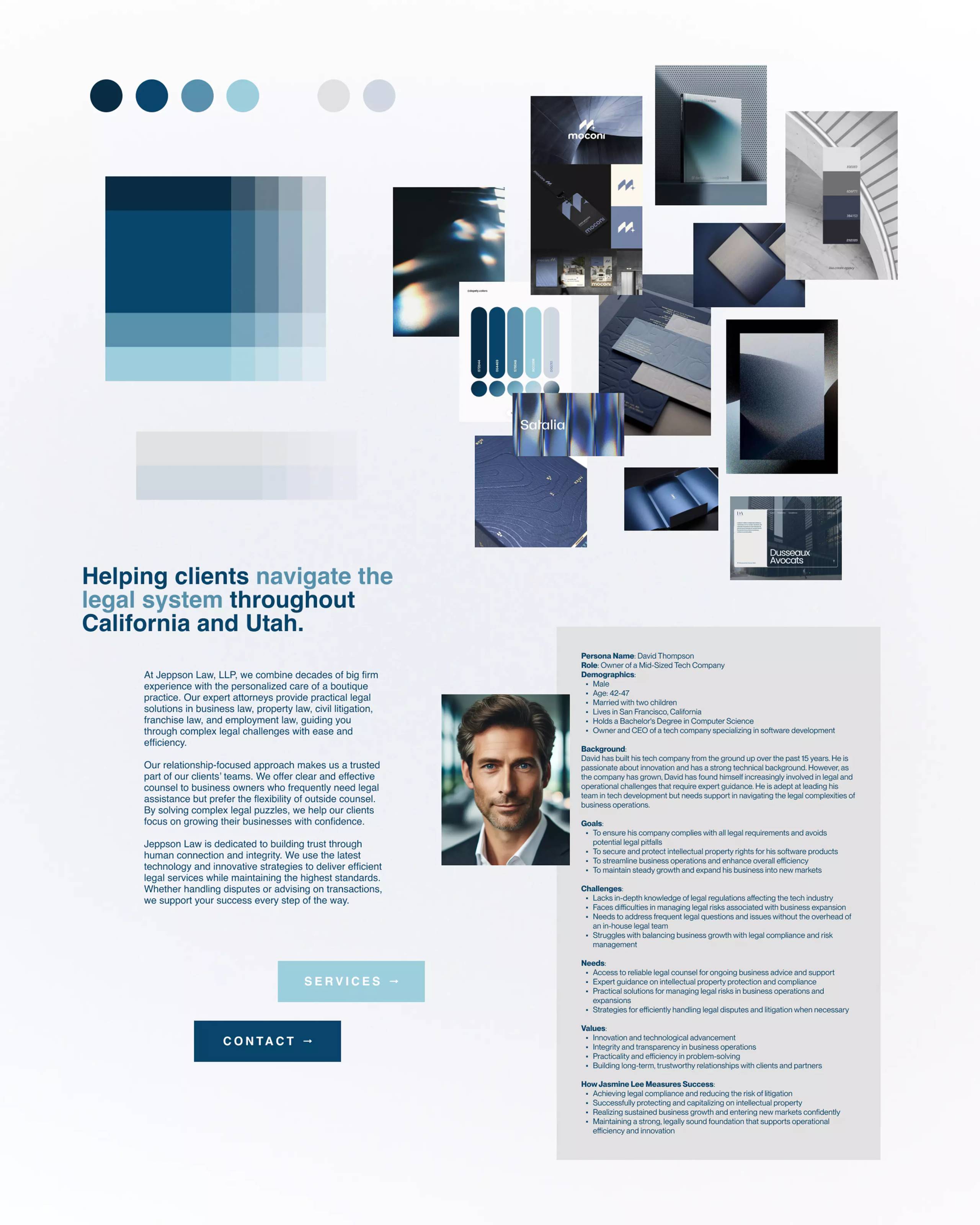 Jeppson Law mood board with deep navy, pale blue, editorial type, architectural references, material studies, and a client profile.