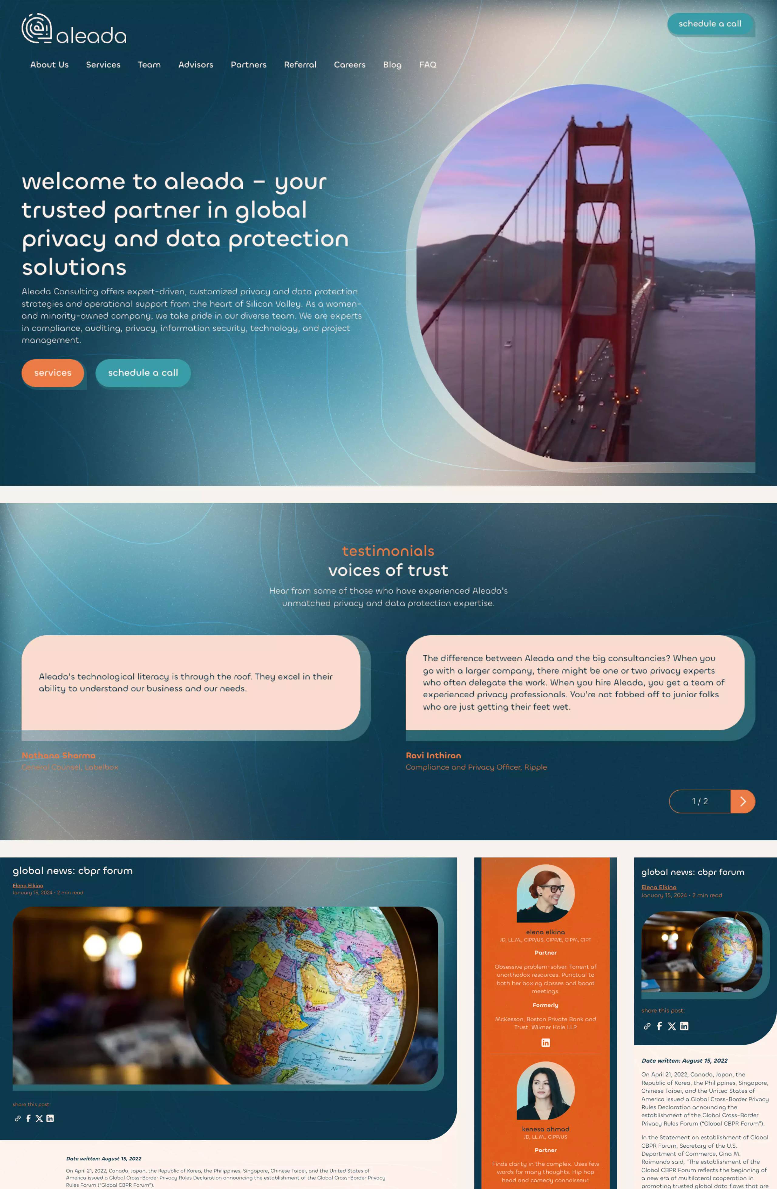 Aleada complete homepage opening fold, client comments, article opening, team page, and article page across laptop and phone views.