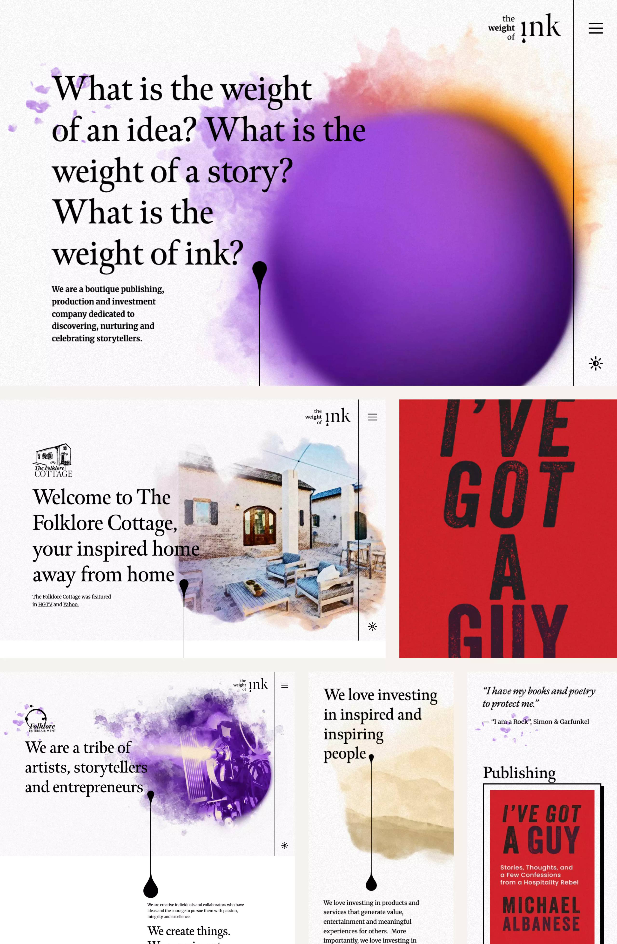The Weight of Ink complete homepage opening fold, cottage, book, Producing, Investing, and Connecting pages across laptop and phone views.