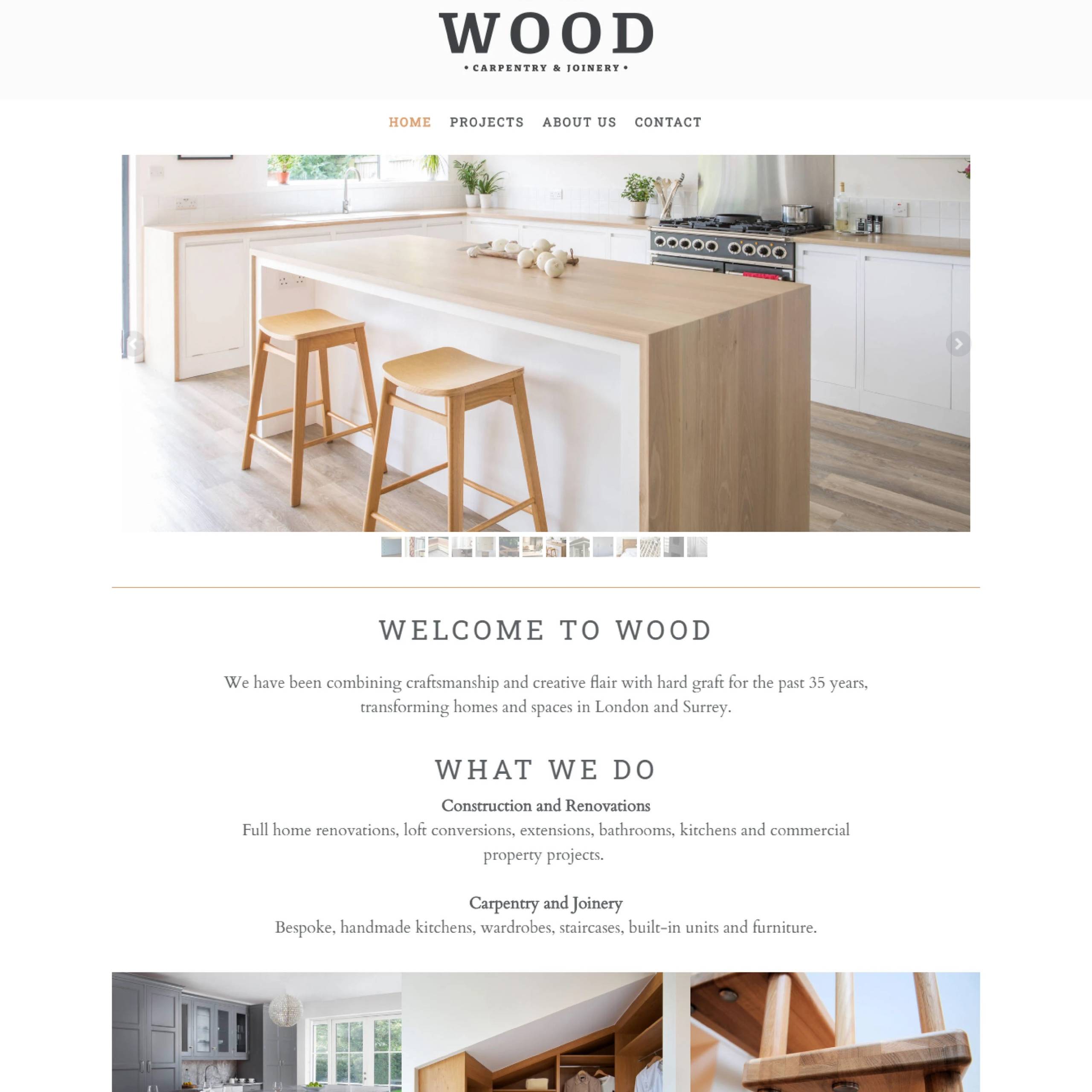 Wood Carpentry and Joinery homepage with bright kitchen photography and service information.