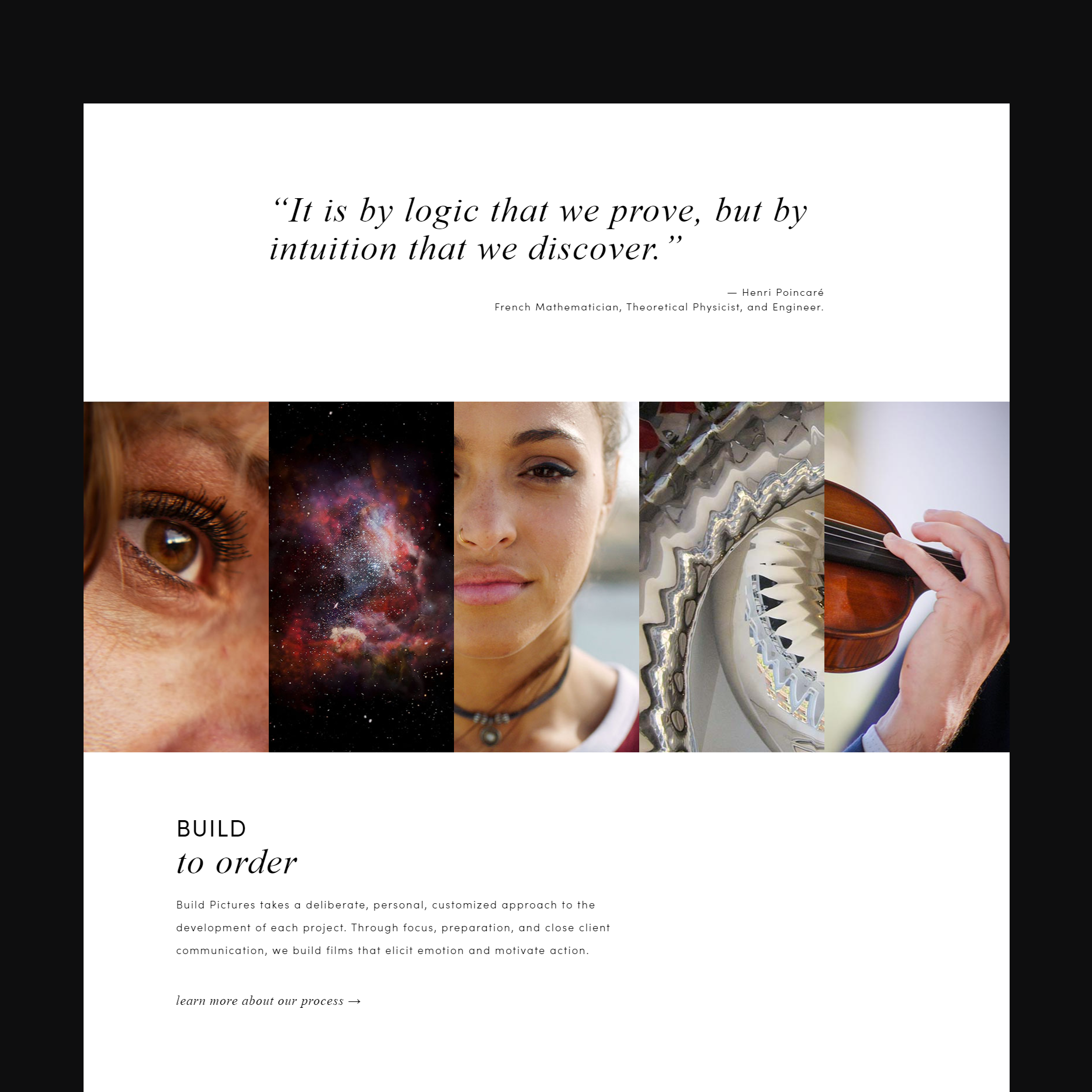 Build Pictures website section combining an editorial quotation, image collage, and project introduction.