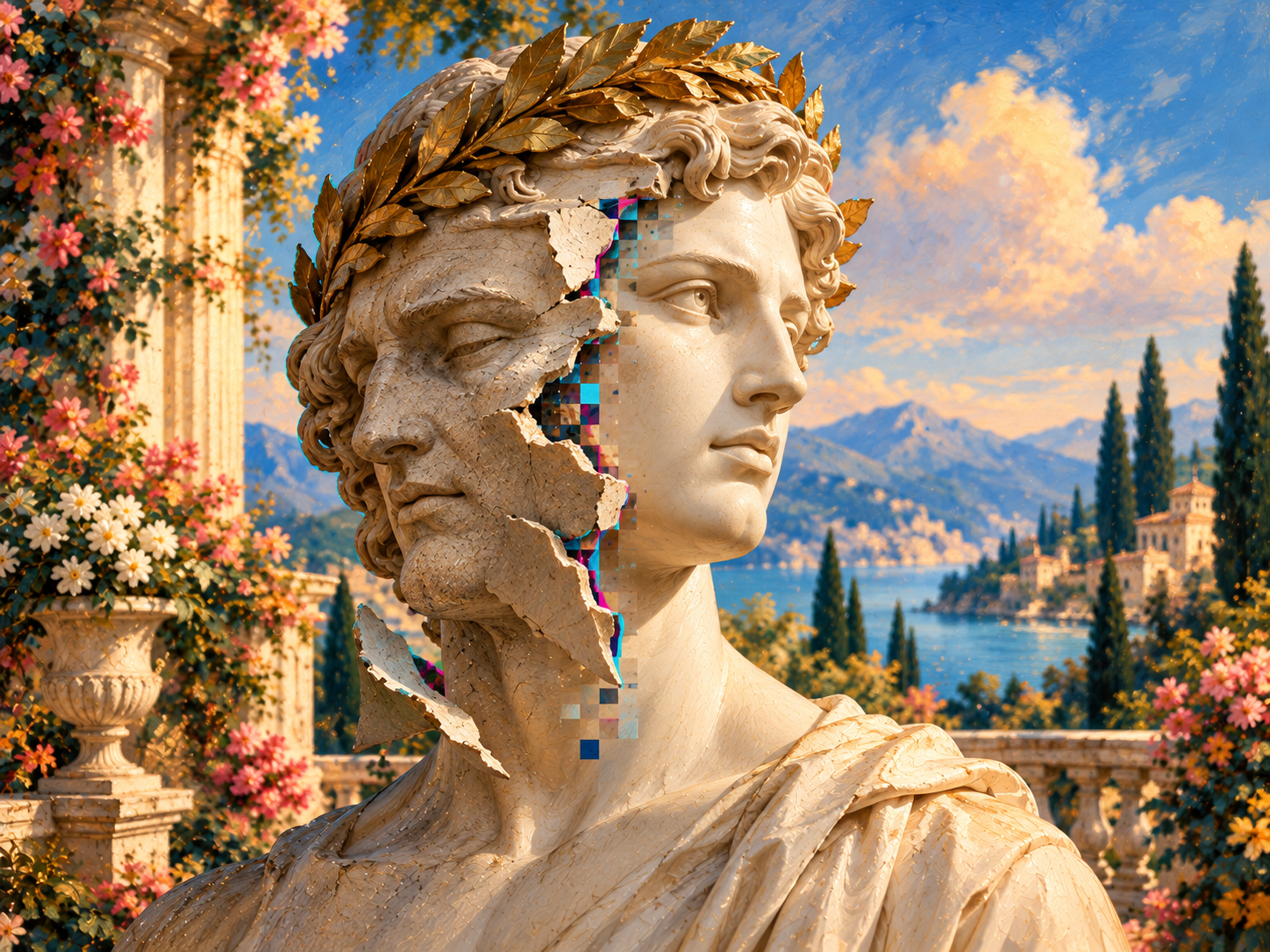 An older sculptural facial shell opens to reveal a renewed classical face, with digital pixels along the transformation seam.