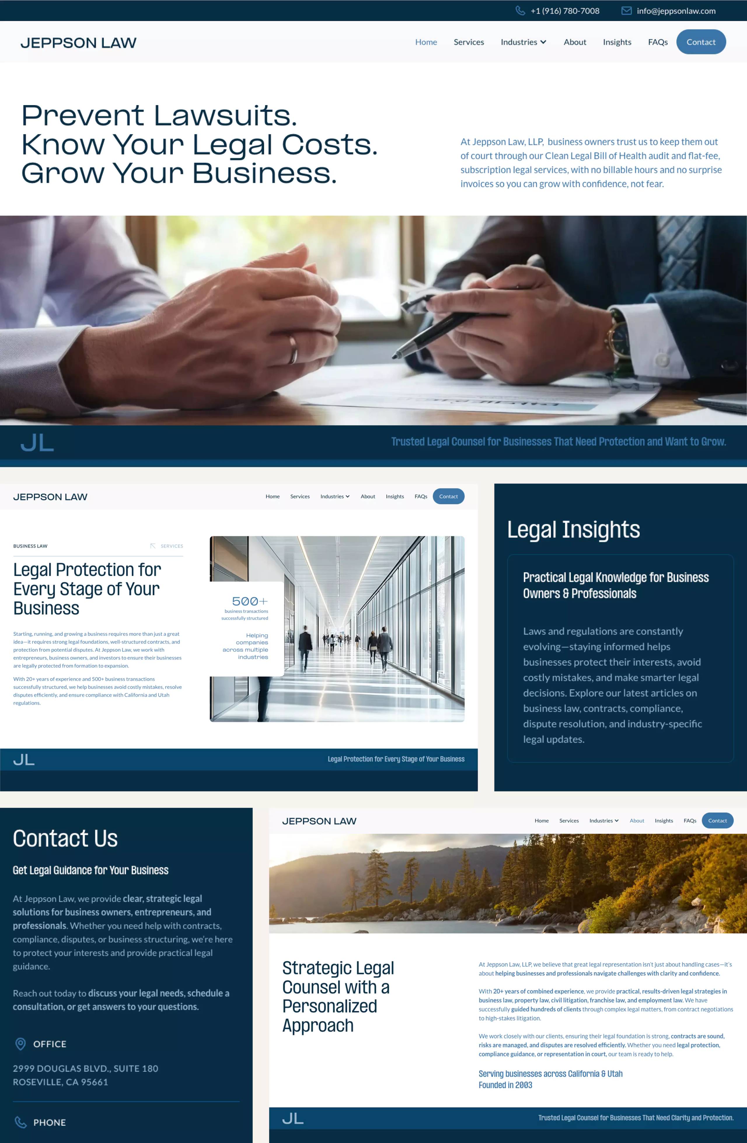 Jeppson Law complete homepage opening fold, business law, Insights, contact, and firm story across laptop and phone views.
