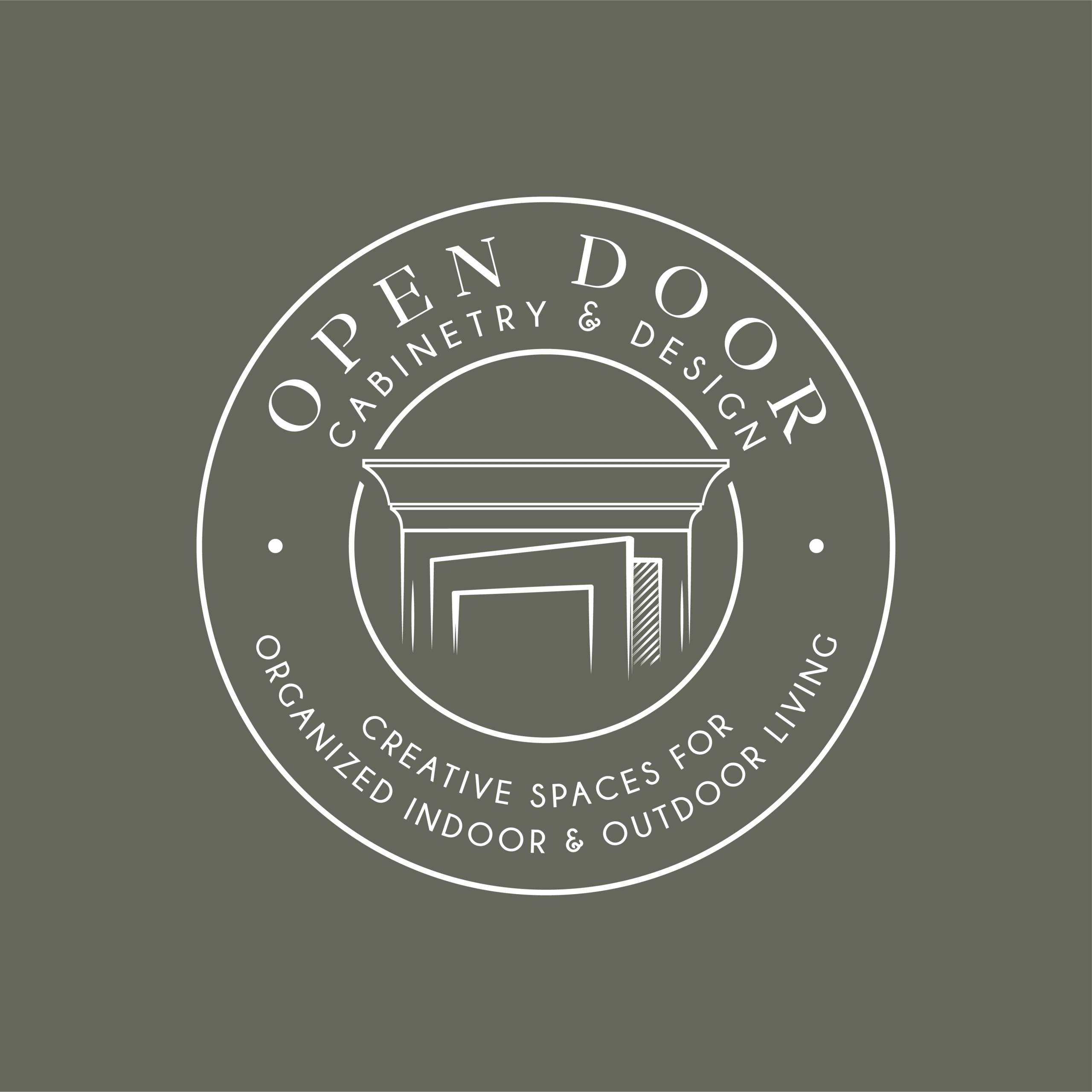 Circular Open Door Cabinetry and Design badge with a linear doorway emblem on olive.