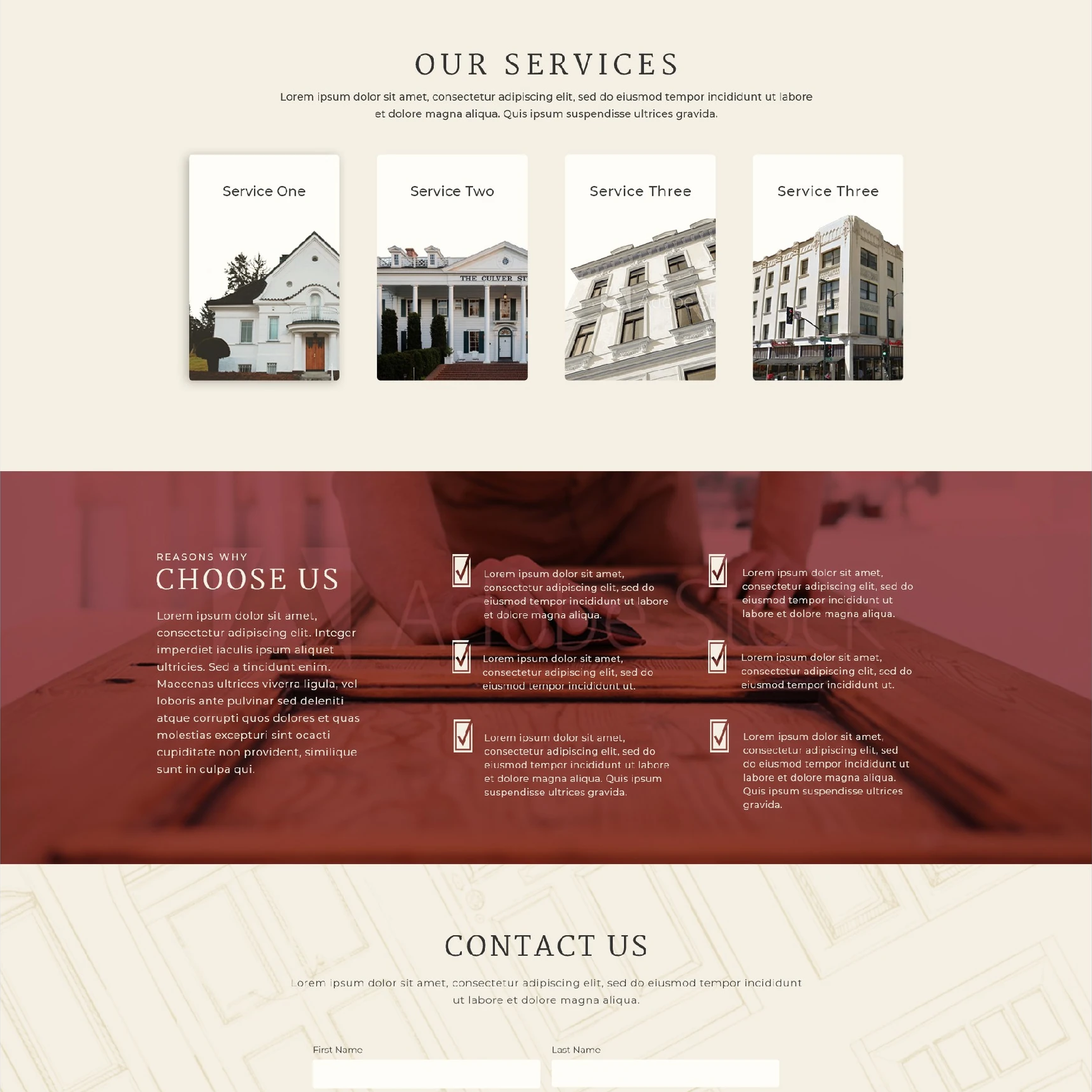 Restoration Sash and Door website sections for services, benefits, and contact information.