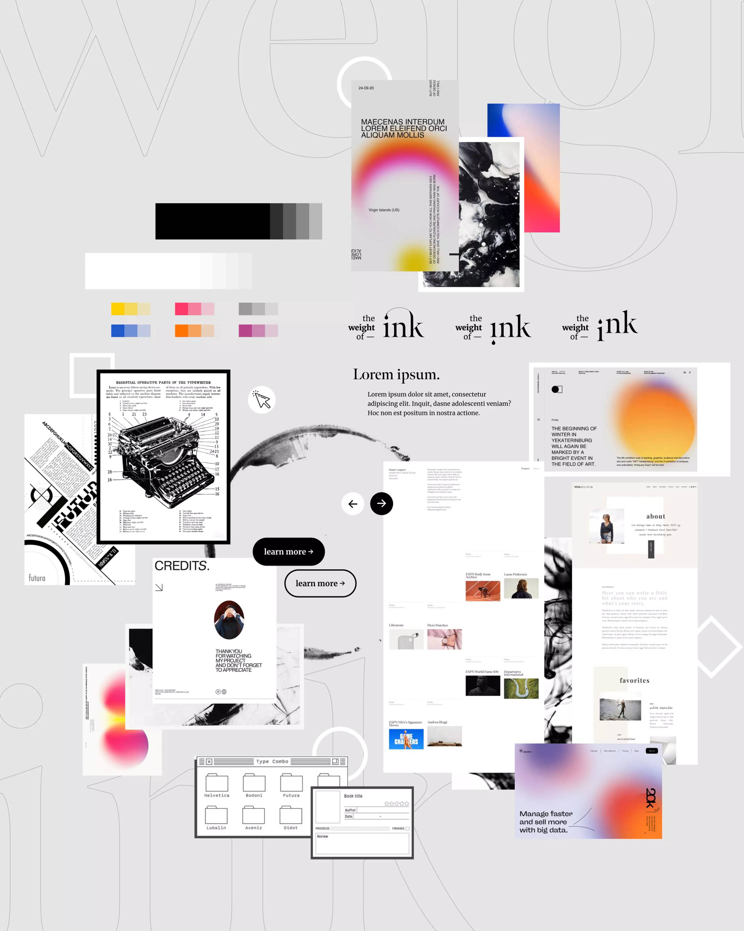 The Weight of Ink mood board with serif type, ink textures, paper references, logo studies, grayscale swatches, and bright color accents.