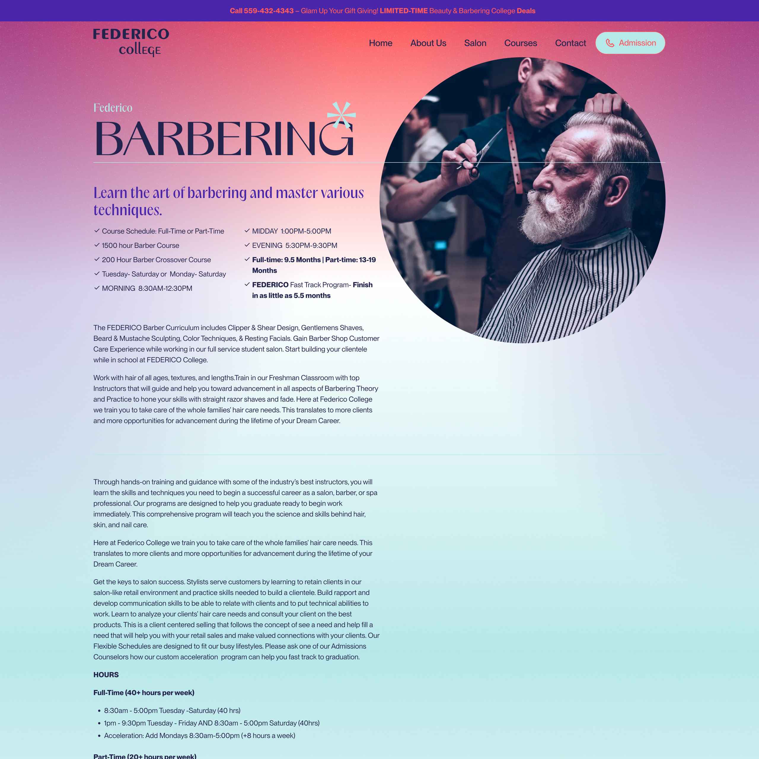Federico College barbering course page with program details and a circular haircut photograph.
