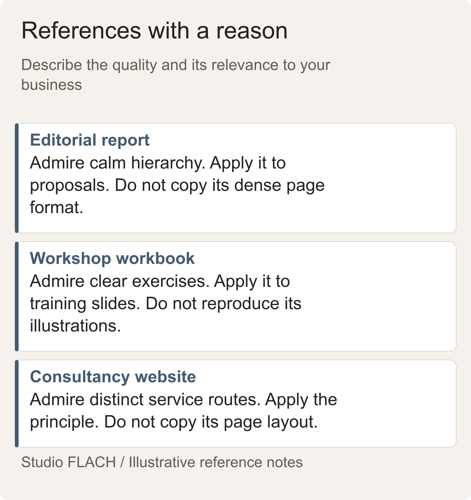 Reference notes distinguishing useful qualities from elements not to copy