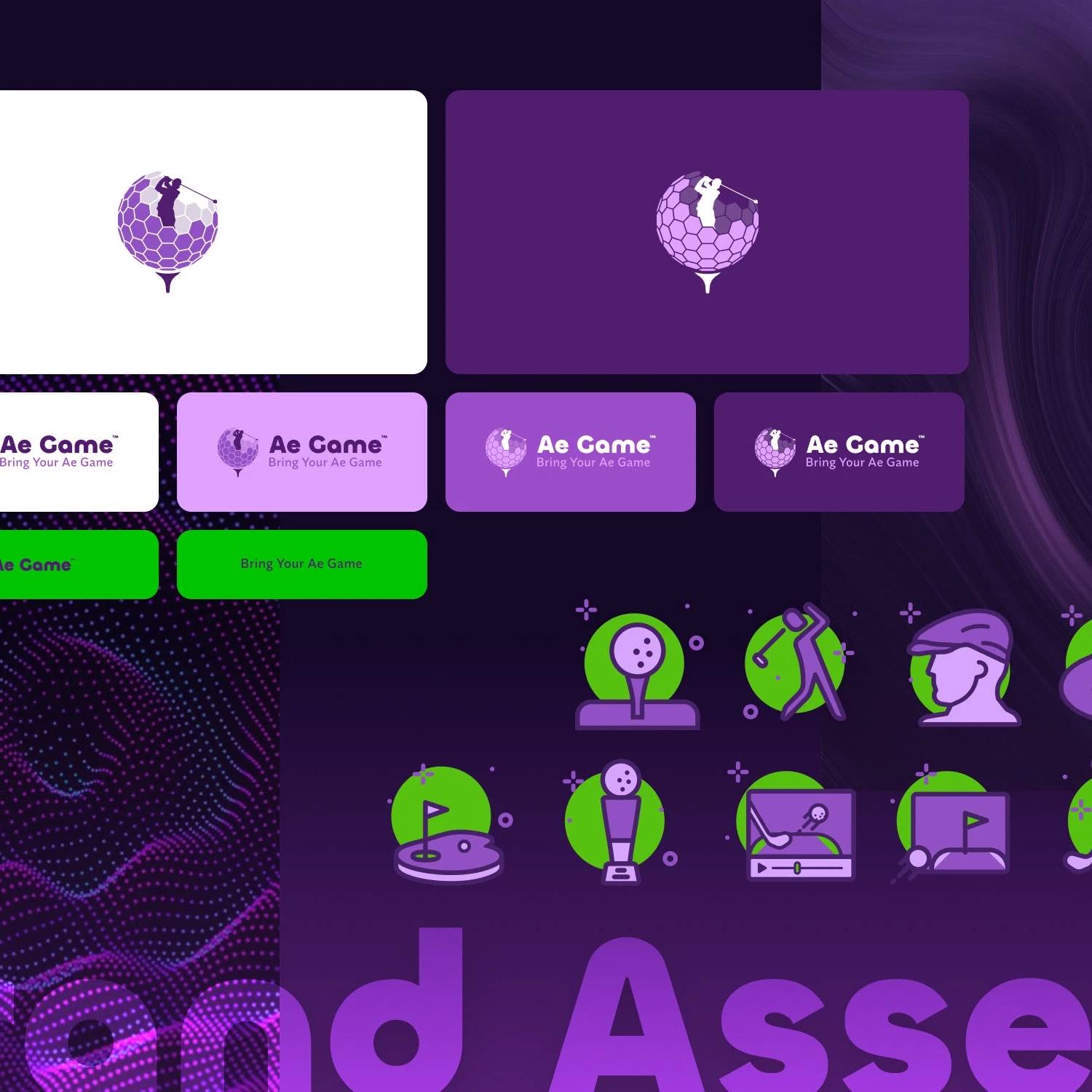 AE Game Golf logo variations, color palette, and illustrated golf icons on a purple brand board.