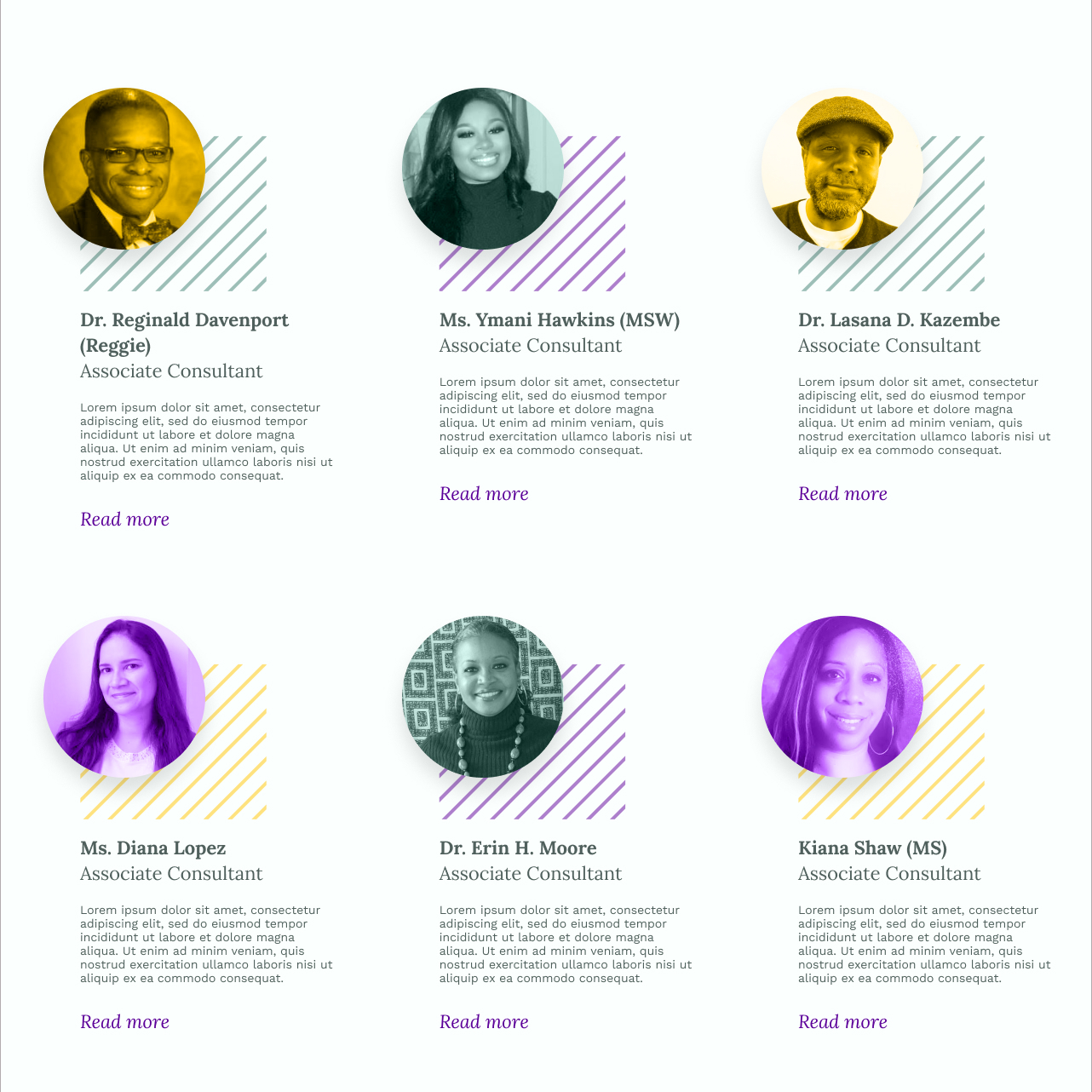 The Equity Leadership Group team directory with six circular consultant portraits.