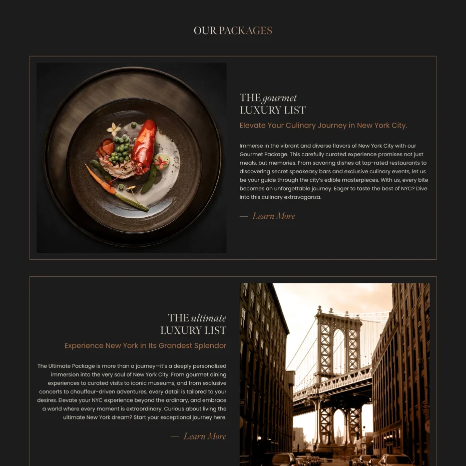 The Luxury List packages section pairing culinary and city photography with experience descriptions.