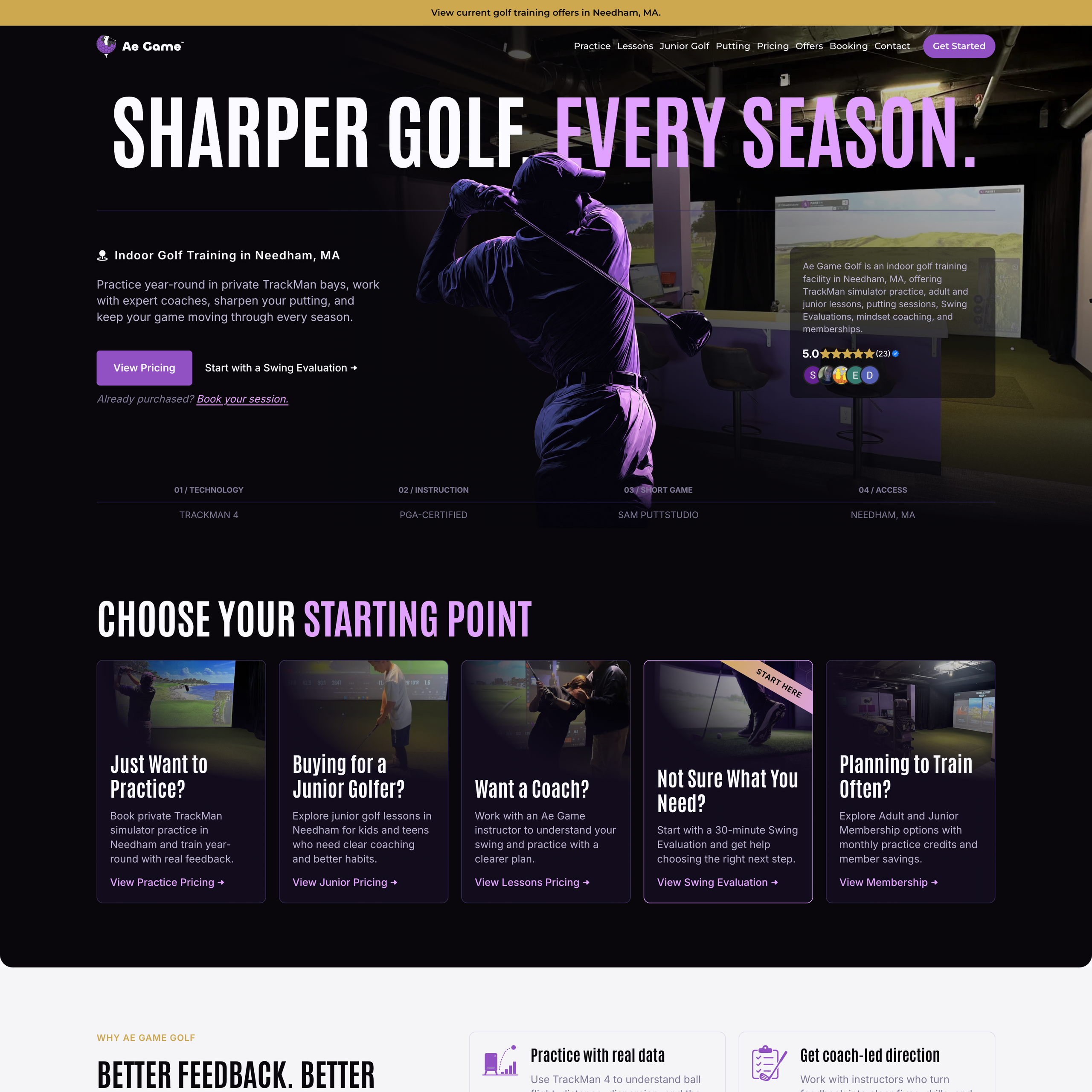 AE Game Golf homepage with a dark indoor-golf hero and a grid of lesson options.