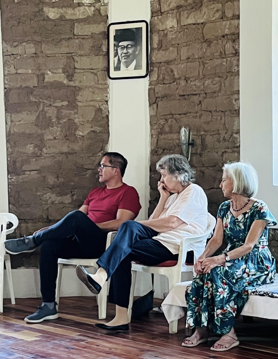 This photo of Kohar, Joan and Illène shows the adobe bricks made by hand by the Tlaxcala group members. Both Joan and Illène had attended the grand opening of this hand built Subud home in 1999 as part of an Americas gathering. The male KC, Ramon, is in this group as well as one of the women National helpers.