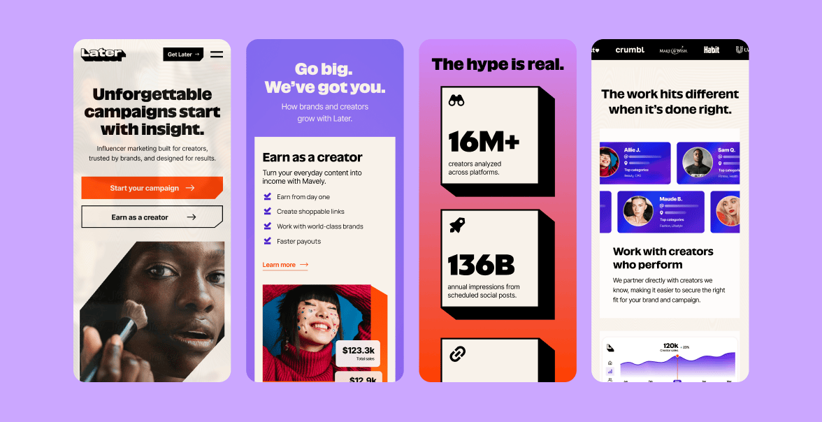 four phone screens featuring later.com