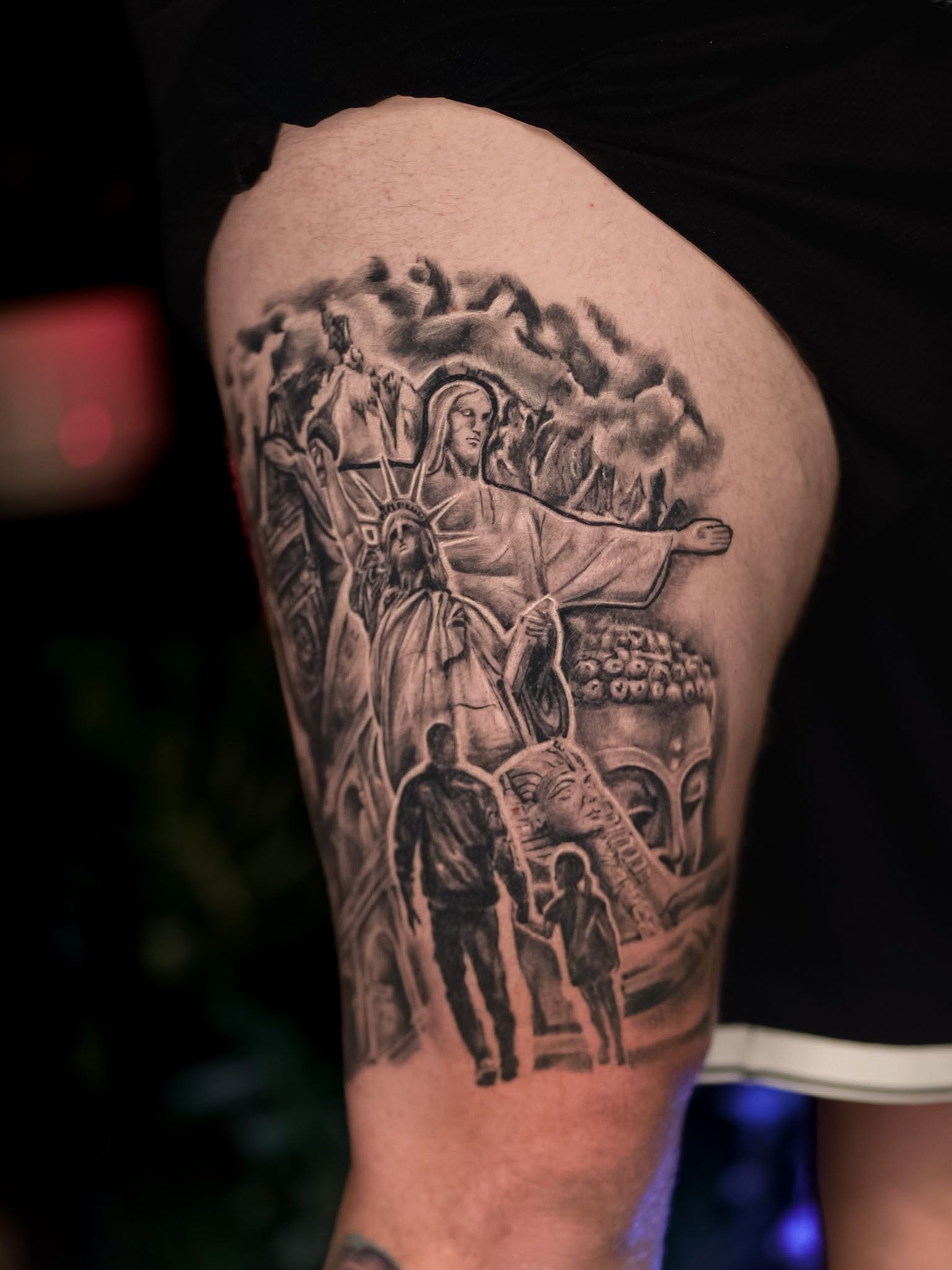 Black and grey realism religious scene thigh tattoo, by Thomas Palaniuk, Aloha Tattoo Studio Gloucester