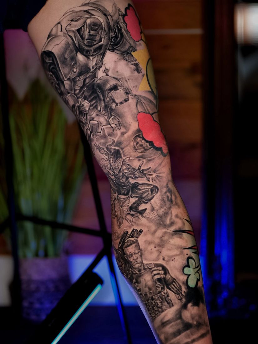Black and grey realism arm sleeve tattoo, by Thomas Palaniuk, Aloha Tattoo Studio Gloucester
