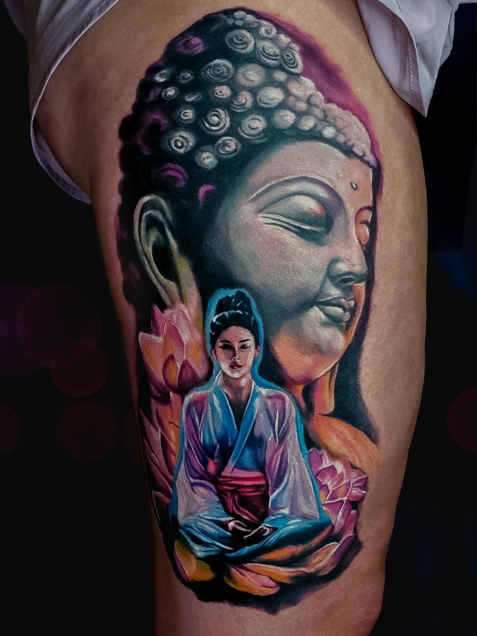 Colour realism Buddha and geisha thigh tattoo, by Thomas Palaniuk, Aloha Tattoo Studio Gloucester