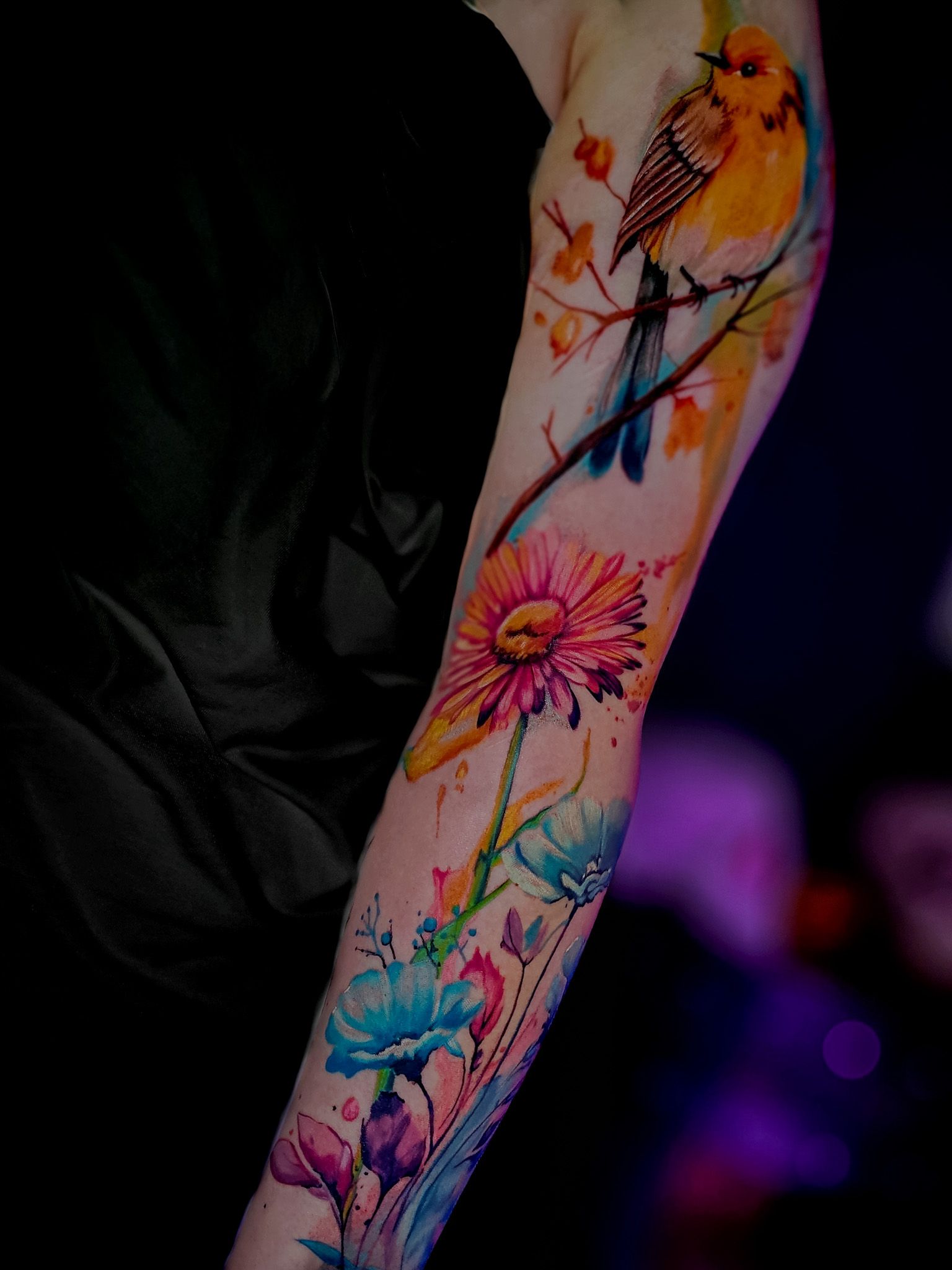Colour flower and bird arm sleeve cover-up tattoo, by Thomas Palaniuk, Aloha Tattoo Studio Gloucester
