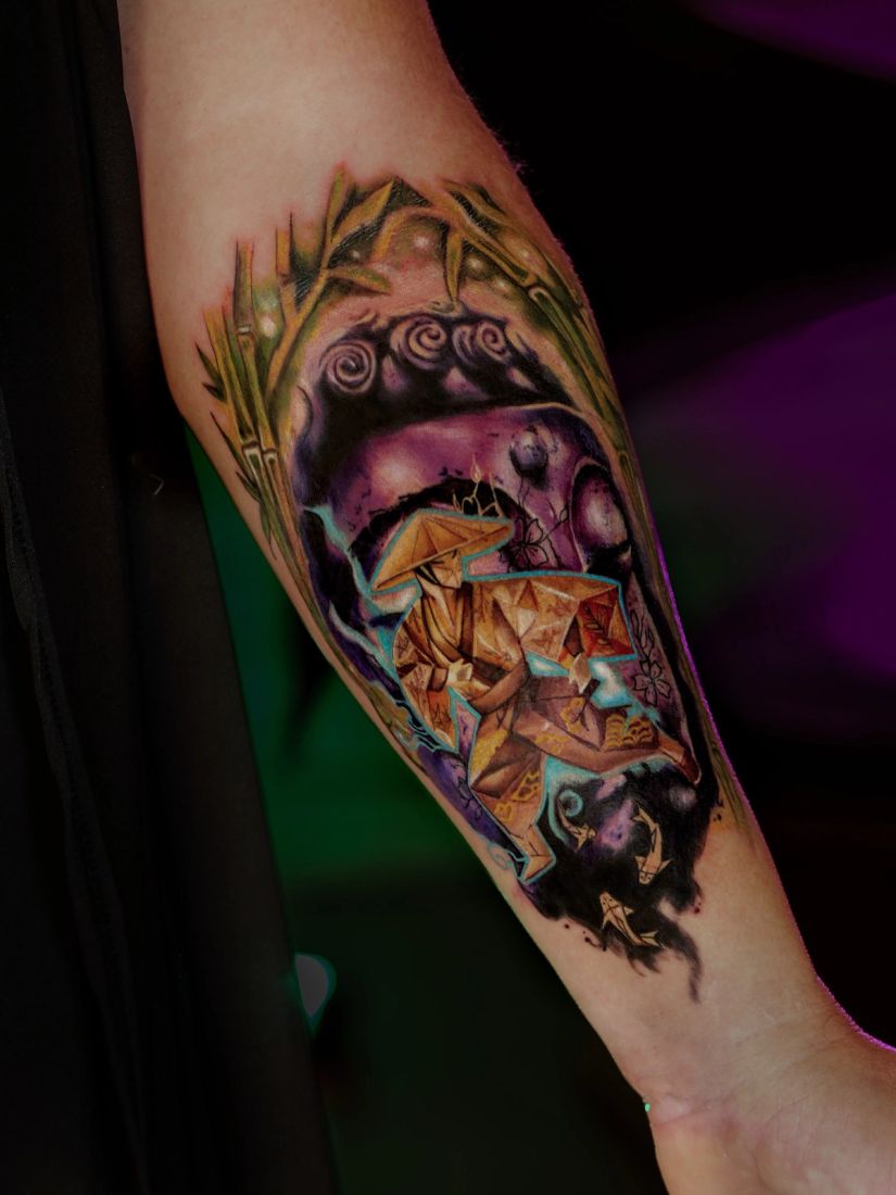 Colour fantasy forearm tattoo, by Thomas Palaniuk, Aloha Tattoo Studio Gloucester