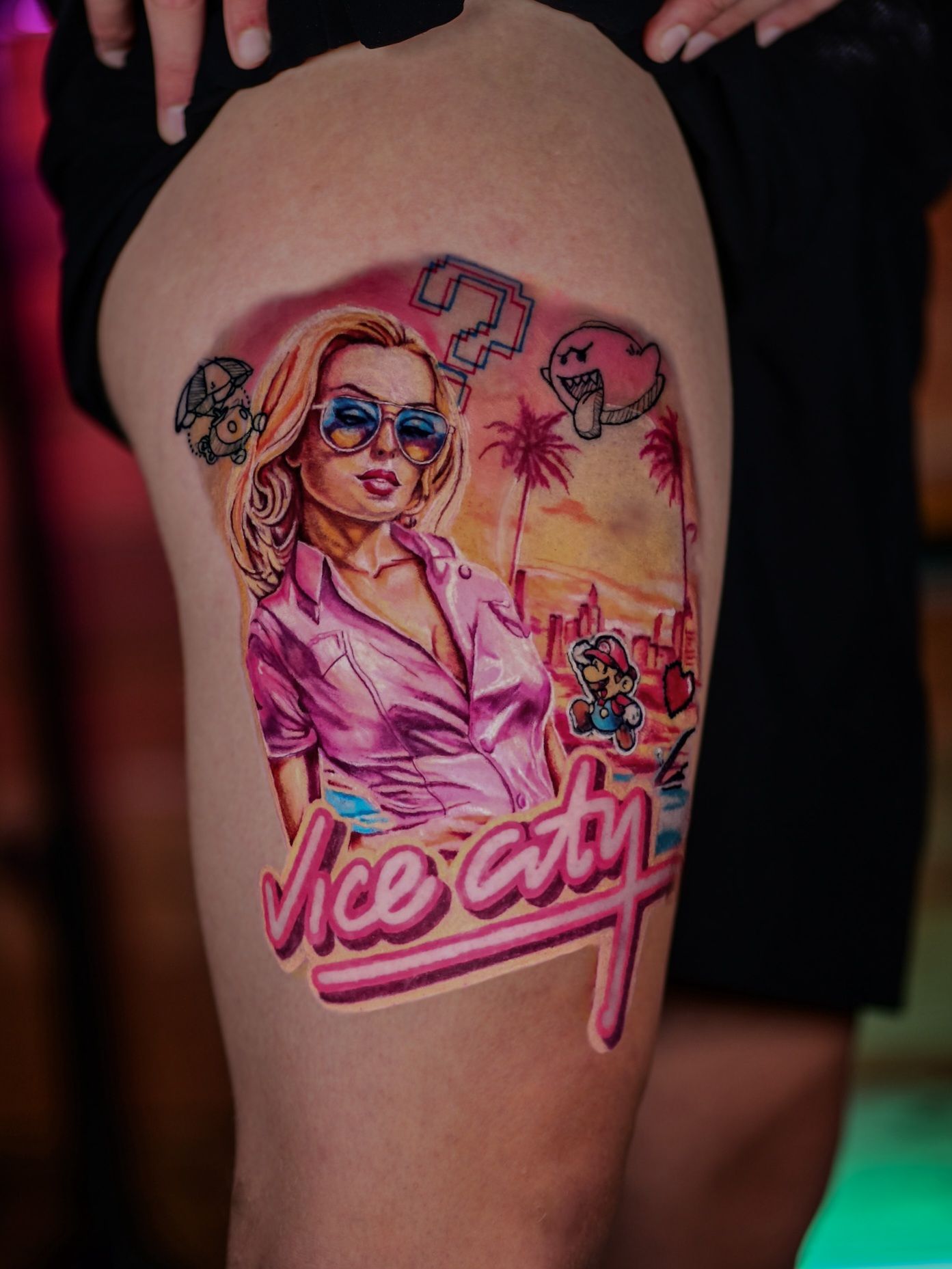 Vice City pin-up colour thigh tattoo, by Thomas Palaniuk, Aloha Tattoo Studio Gloucester
