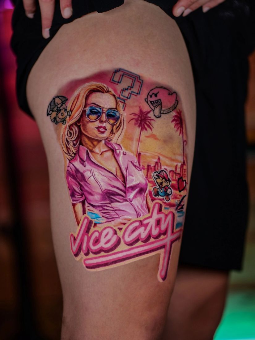 Vice City pin-up colour thigh tattoo, by Thomas Palaniuk, Aloha Tattoo Studio Gloucester