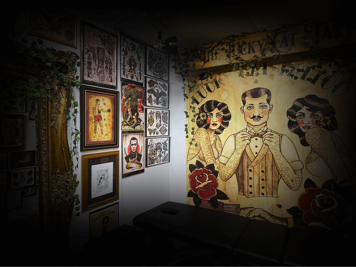 An image of Kevin Younger's Lucky Cat Tattoo Parlour interior with a different angle