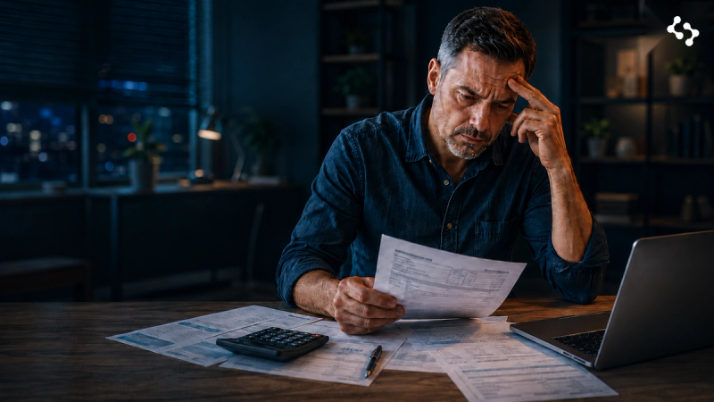 Business owner reviewing financial documents and cash flow reports while evaluating merchant cash advance debt obligations.