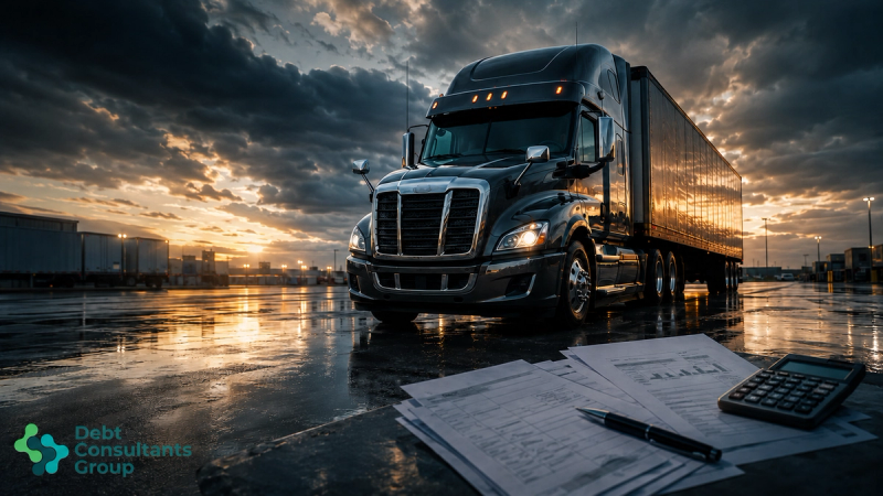Commercial trucking fleet facing financial pressure from Merchant Cash Advances with fuel expenses, maintenance costs, invoices, cash flow indicators, and financial stability planning tools.