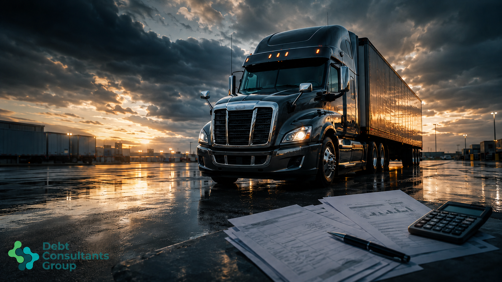 Commercial trucking fleet facing financial pressure from Merchant Cash Advances with fuel expenses, maintenance costs, invoices, cash flow indicators, and financial stability planning tools.