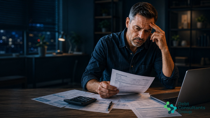 Business owner reviewing financial documents and cash flow reports while evaluating merchant cash advance debt obligations.